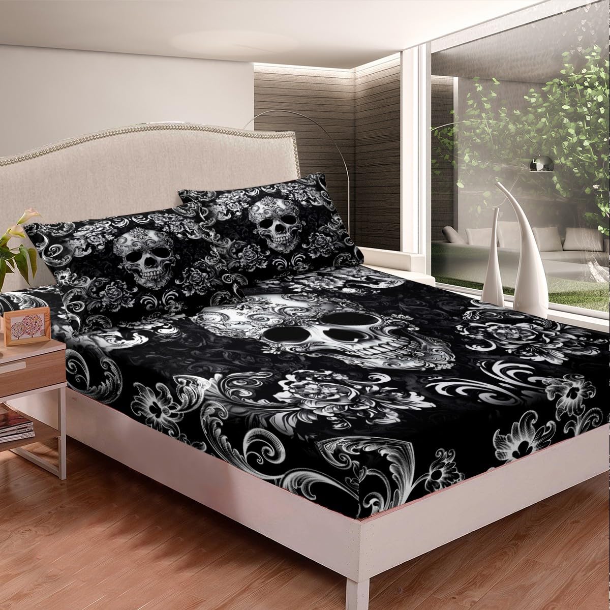 Halloween Flower Skeleton Fitted Sheet,Full Size Bohemian Victorian Style Retro Floral Collections,Gothic Skull Bedding Deep Pocket for Children Teens Young with 2 Pillowcases(No Flat Sheet)