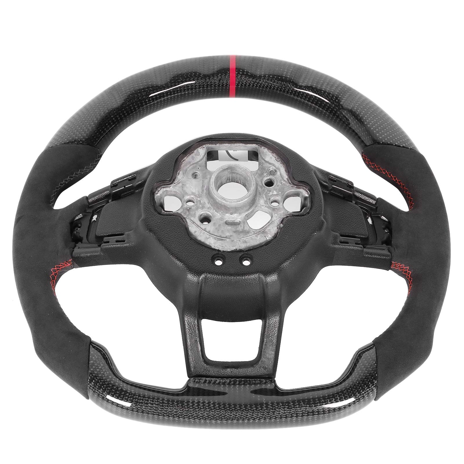 Akozon Volant en Fibre de Carbone en Daim à Fond Plat de Type D avec Coutures Rouges pour Mk7/Mk7.5 Gtd/R 2013-2020, Finition Brillante 3K et Poignée Ergonomique