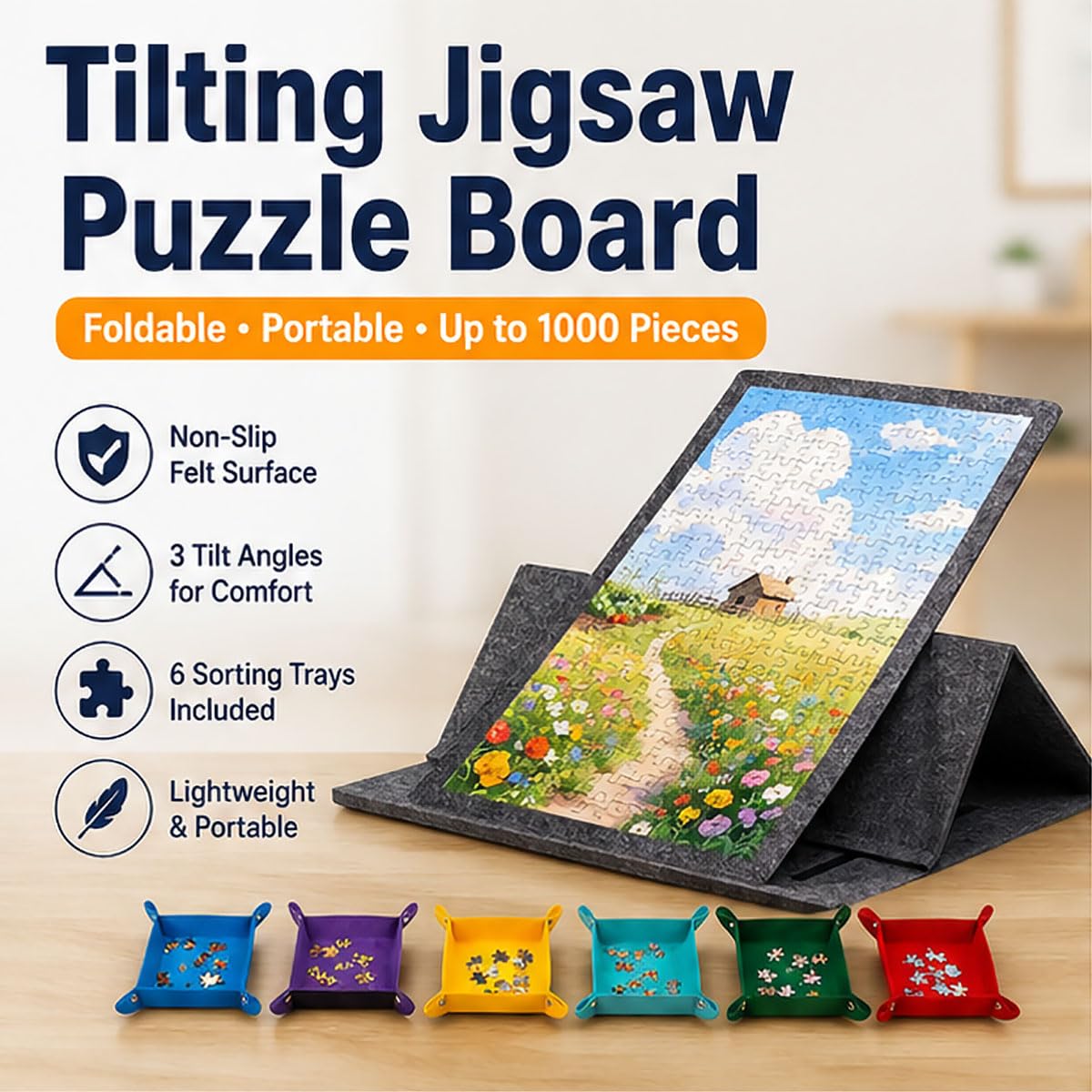Uchylna plansza do układania puzzli, składana plansza do układania puzzli z 6 tacami do sortowania, przenośny stół do układania puzzli z powierzchnią antypoślizgową dla dorosłych, do 1000 sztuk
