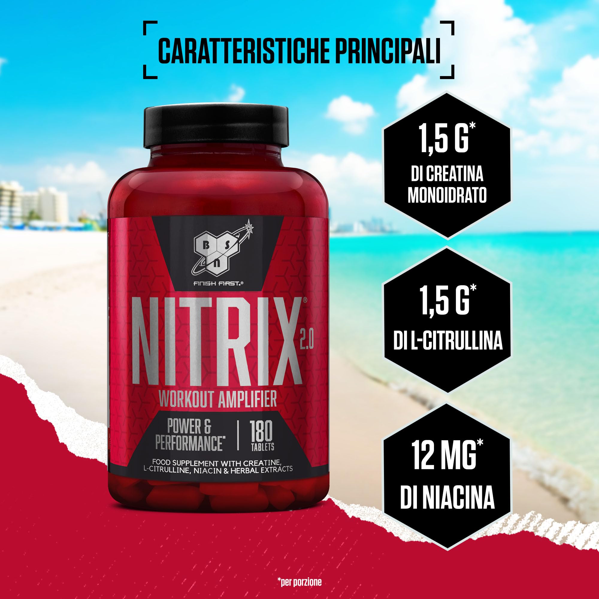 BSN Nitrix 2.0, Integratore Alimentare, Formula con Precursore dell’Ossido Nitrico, Compresse con L-Citrullina, Niacina, Pepe Nero ed Estratti Vegetali, Non Aromatizzato, 180 Capsule, 60 Porzioni
