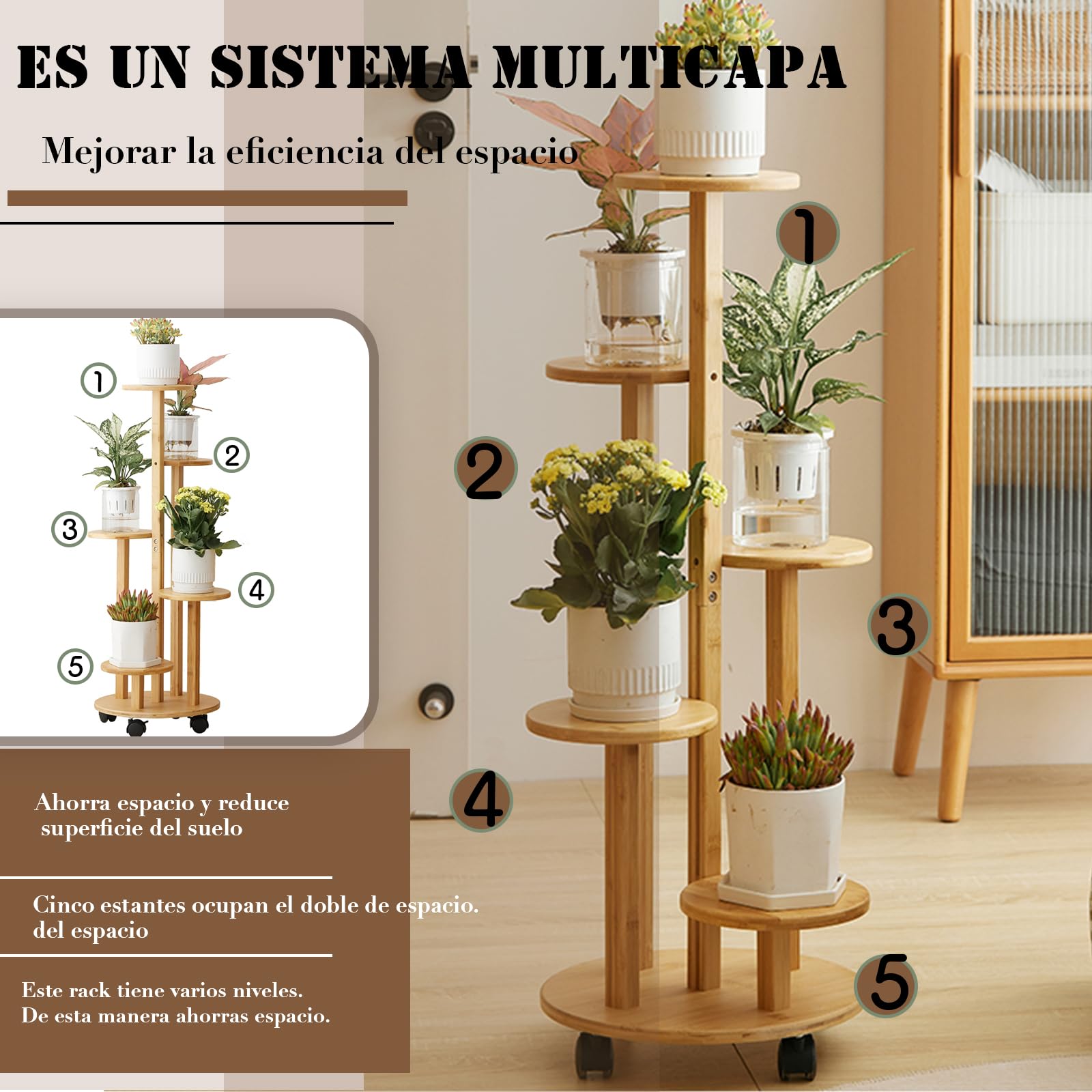 Soporte para flores de bambú con ruedas, 5 niveles, 90 cm, estantería esquinera de madera para plantas, para balcón y exterior, chasis de 33 cm de diámetro