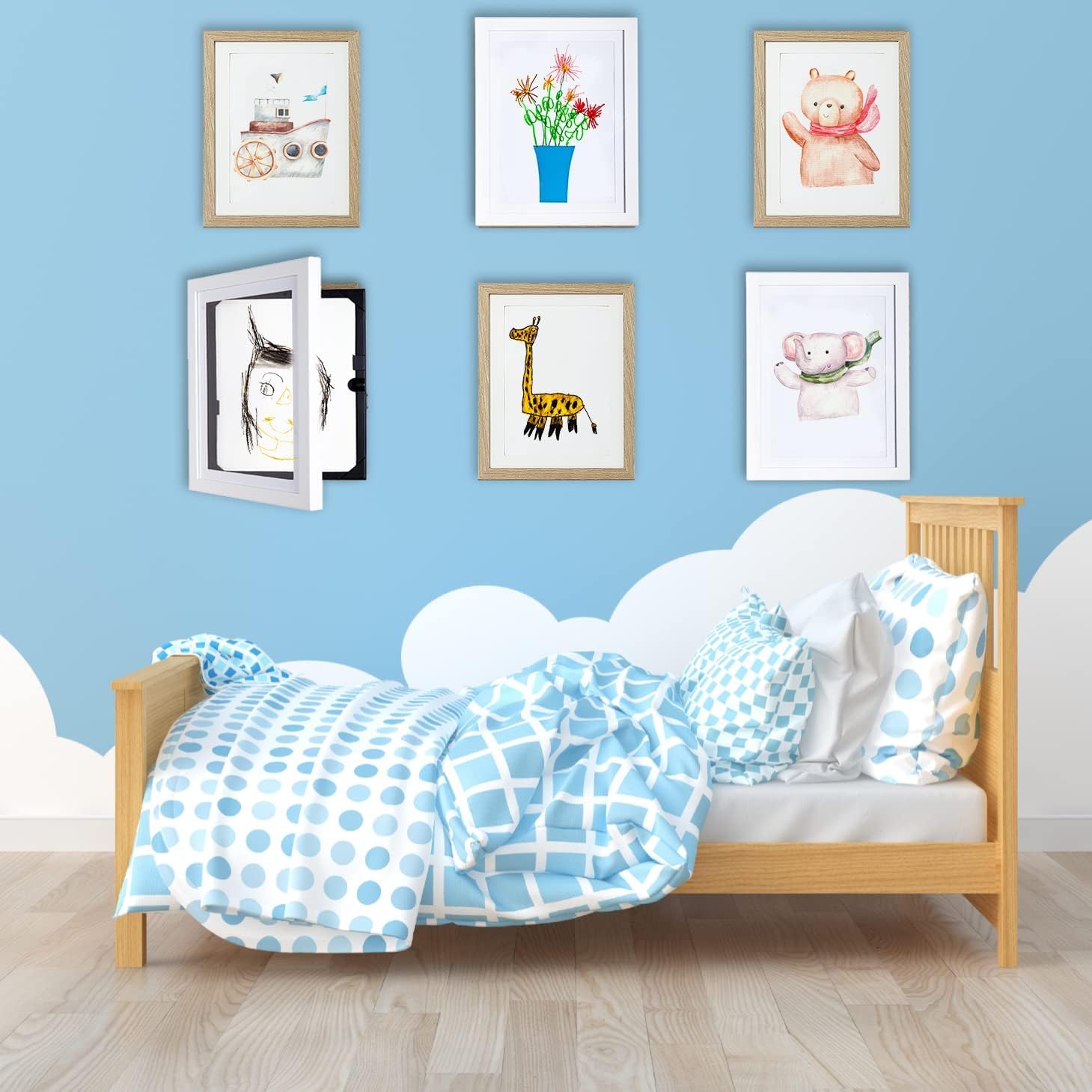 Dynamic Frames My Little DaVinci Bilderrahmen A3 Naturholz, Rahmen mit Frontöffnung und Aufbewahrung bis 50 Blatt, Wandhalter für Kinderzeichnungen und Fotos Zuhause