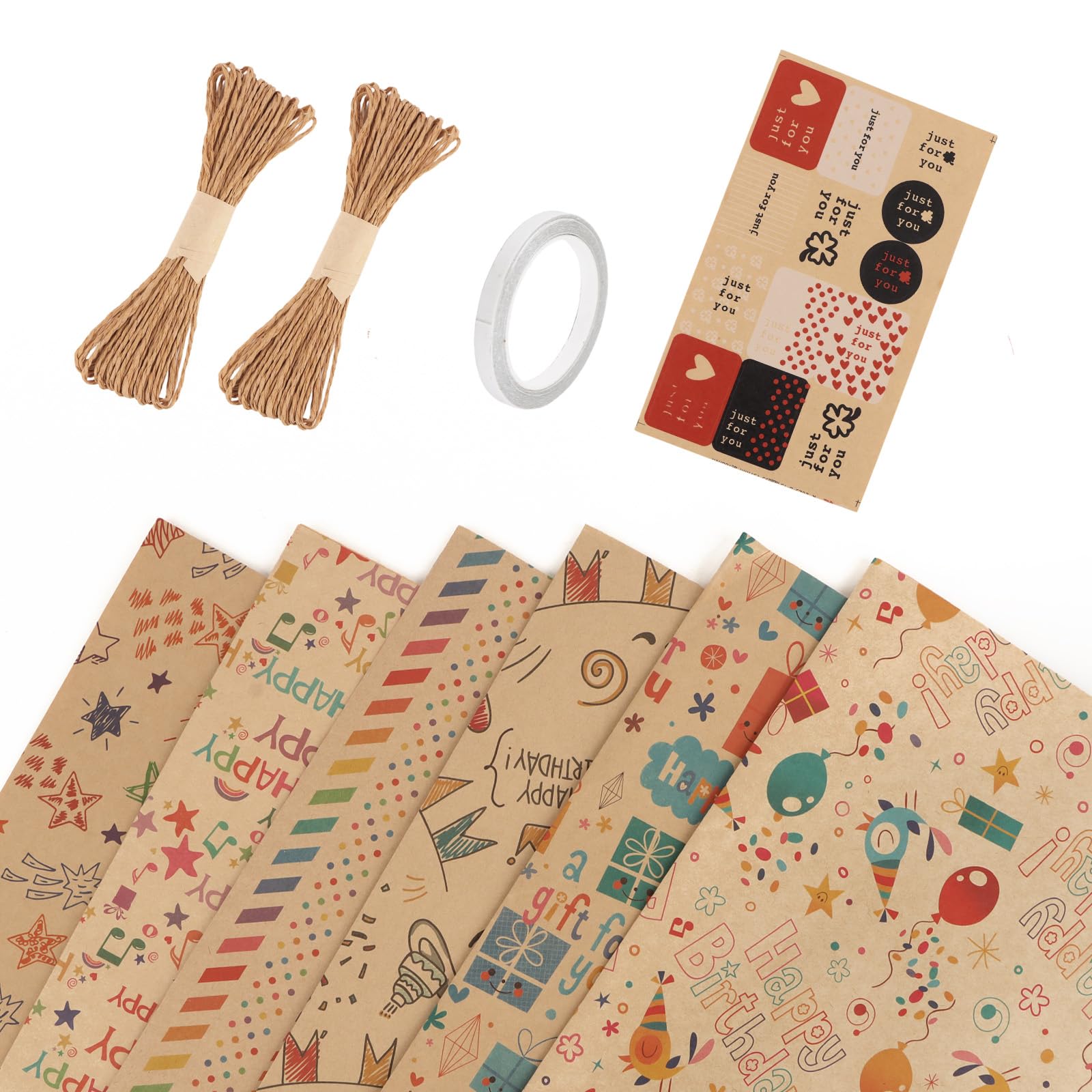 Oblihumoy Large Birthday Wrapping Paper Set, Thick 50x70cm Present Sheets with Sticker and Rope, Colorful Kraft Gift Wrapping Paper for Birthday Holiday Shower Party - 6 sheets