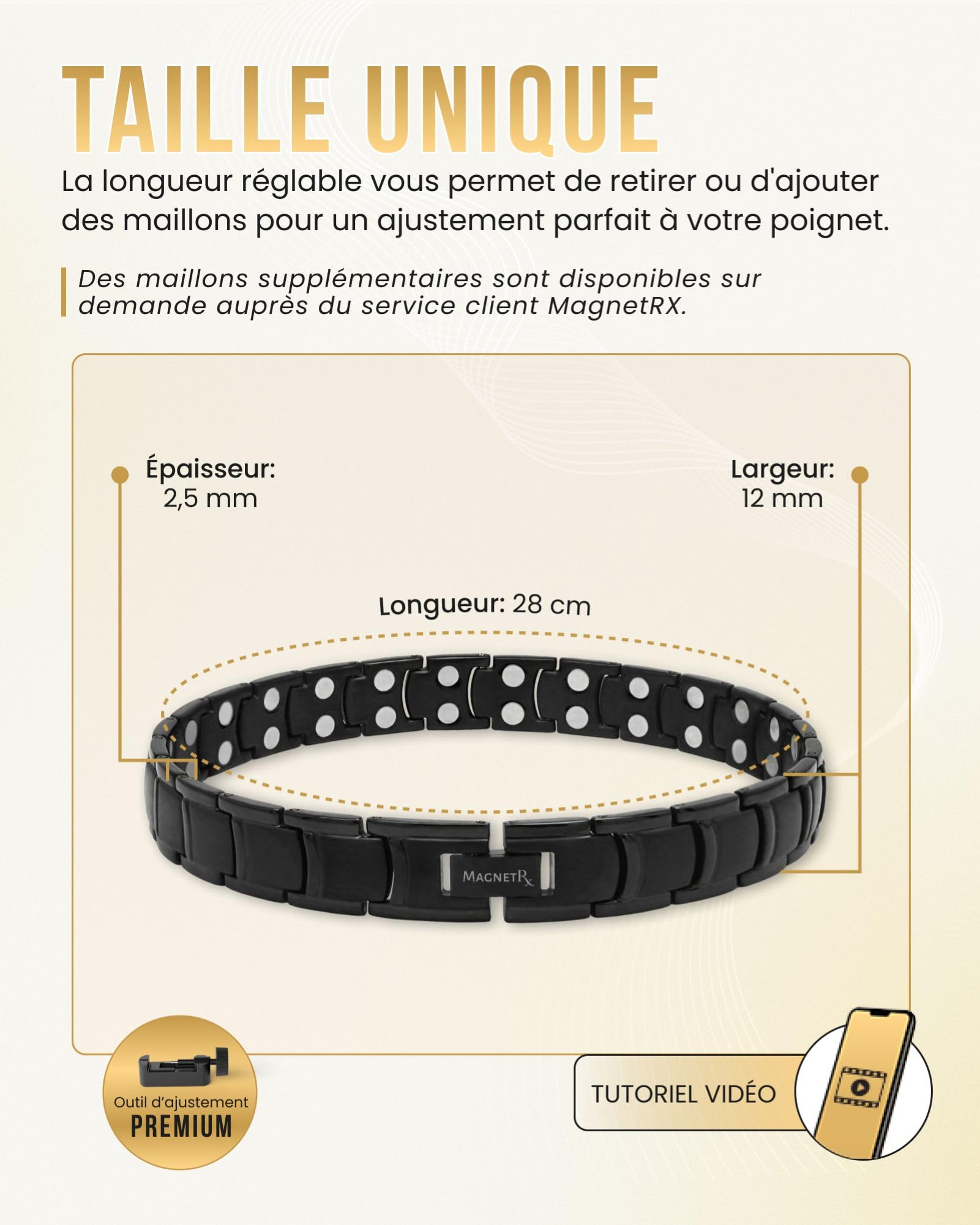 MagnetRX® Bracelet De Cheville Pour Homme - 48 Aimants Puissants (168000 GAUSS) Bijou Aimanté En Titane Ultra-Résistant - Réglable Avec Outil De Dimensionnement (Noir)