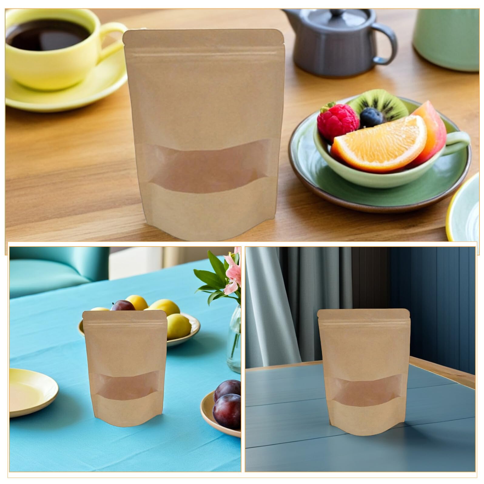 GLEAVI 50pièces Sachets Papier Kraft Refermables avec Fenêtre pour Snacks Friandises et Aliments Secs Rangement Pratique pour Maison ou Commerce