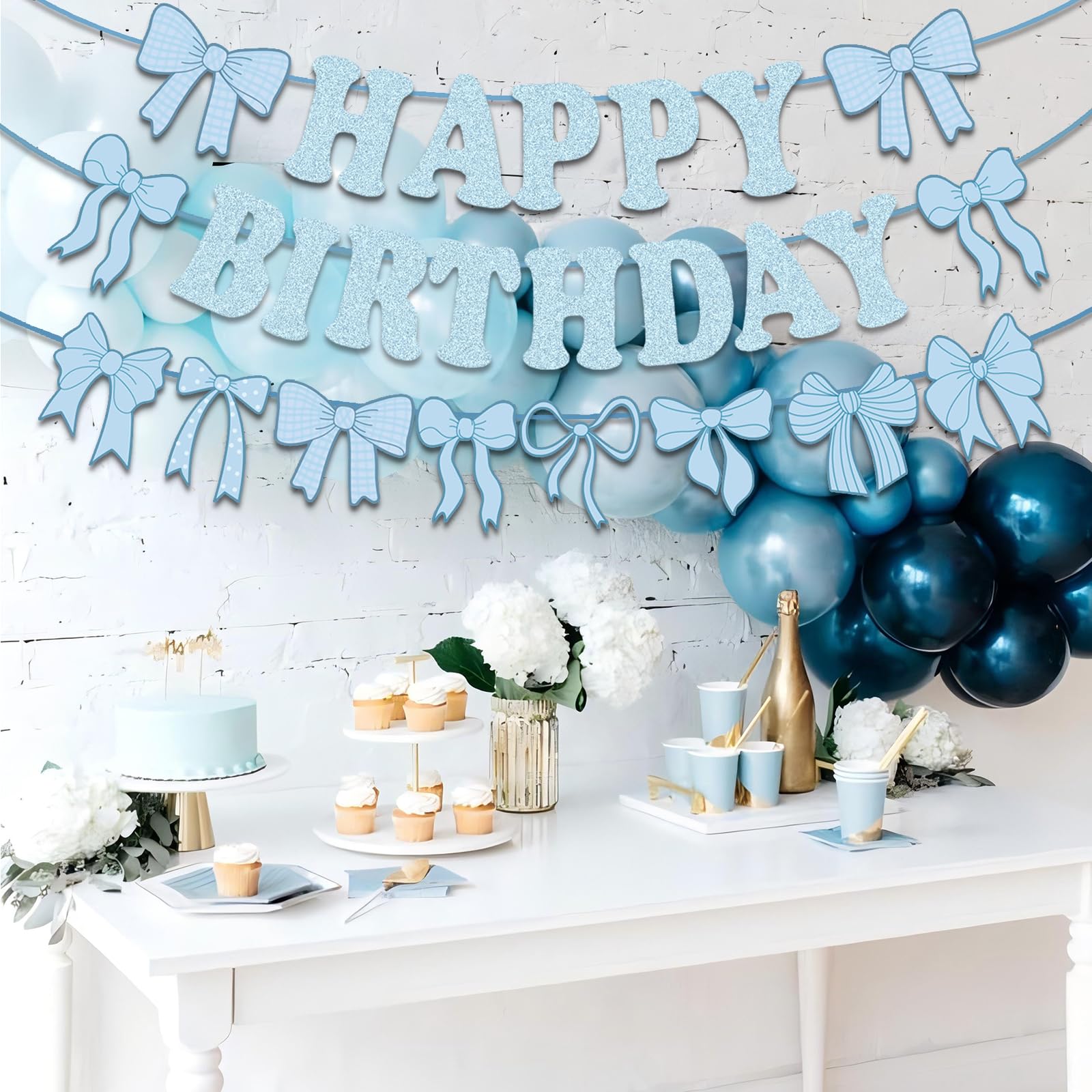 Gosknor Décorations Fête Bow Birthday Bannière Happy Birthday Bleue Coquette