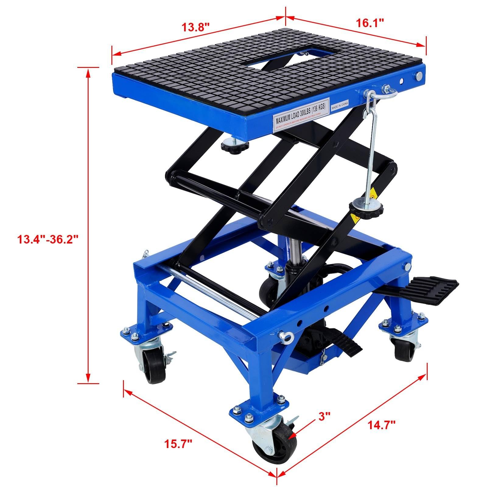 Cric de Levage hydraulique à Ciseaux pour Moto, 300 LB, Robuste, avec 4 Roues pour Petits vélos Tout-Terrain, Table élévatrice de Moto avec Coussinet de Pied, Bleu