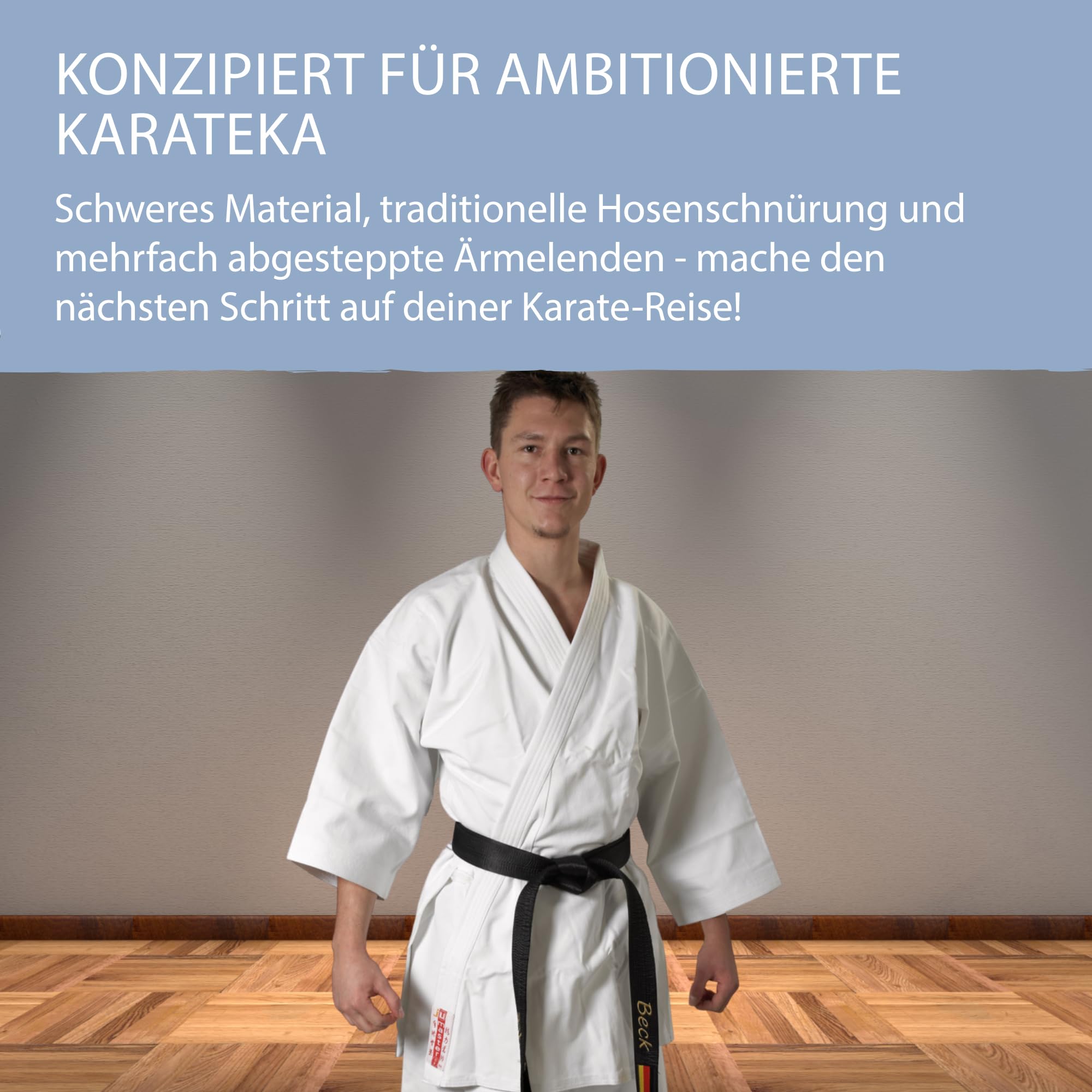 Ju-Sports Karate Anzug Master weiß 16 oz. I Schwerer Karateanzug im kurzem Kata-Schnitt I Kimono mit traditioneller Hosenschnürung I Ärmelenden absteppt für lauten Soundeffekt I 100% Baumwolle