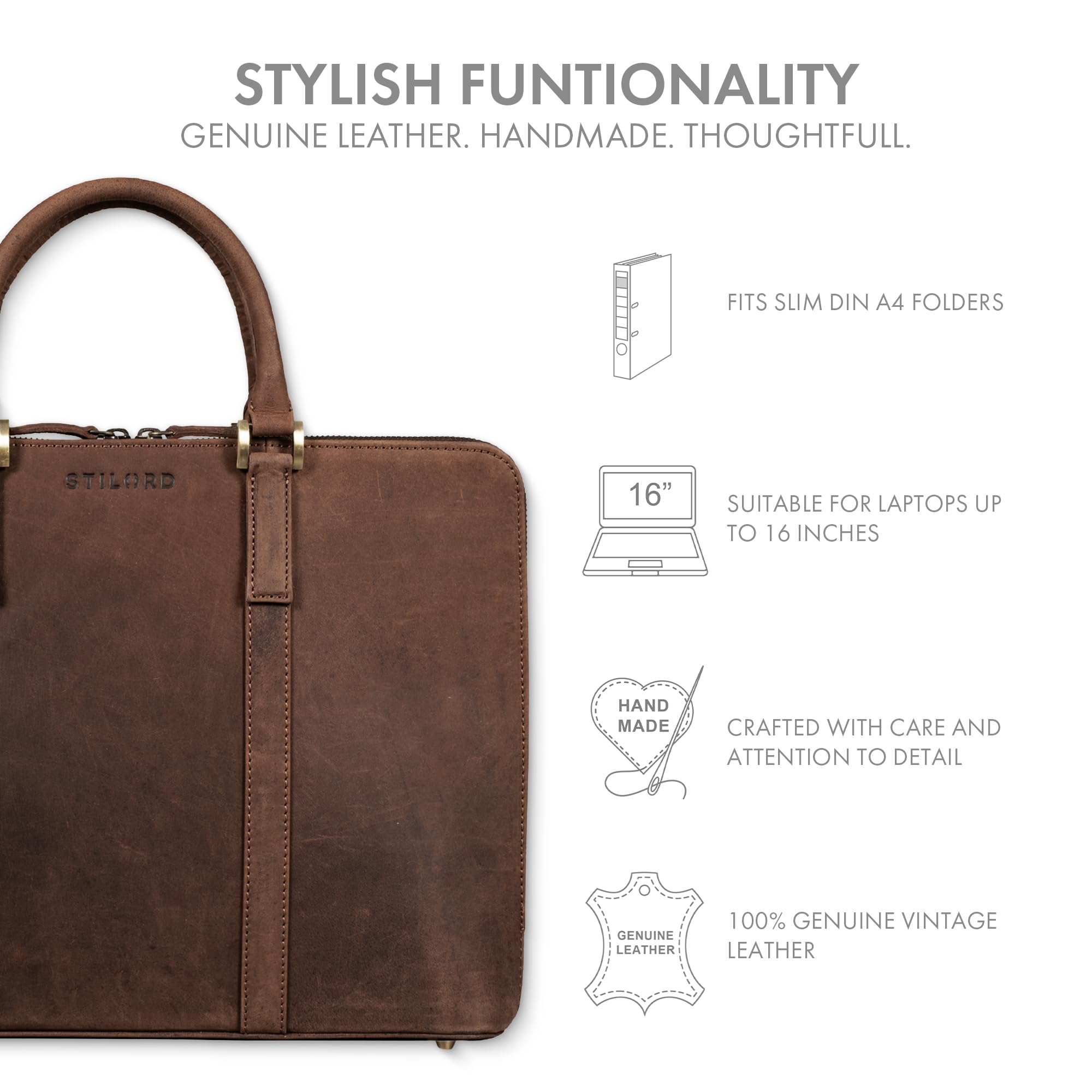 STILORD "Leonora Schmale Aktentasche Damen Leder Dokumententasche A4 - Elegante Büro Tasche 15,6-16 Zoll Laptoptasche Echtleder mit Standfüßen für Arbeit & Uni Farbe:aneto - braun