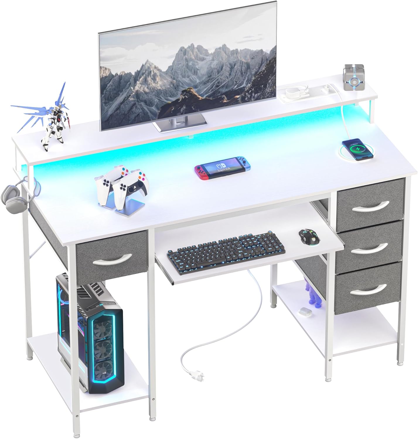Computer Desk with Drawers and Power Outlets, 47 Inch Gaming Desk with LED Lights, Home Office Desk with Monitor Stand and Keyboard Tray, Study Writing Work Desk for Home Office, White White 47 inch