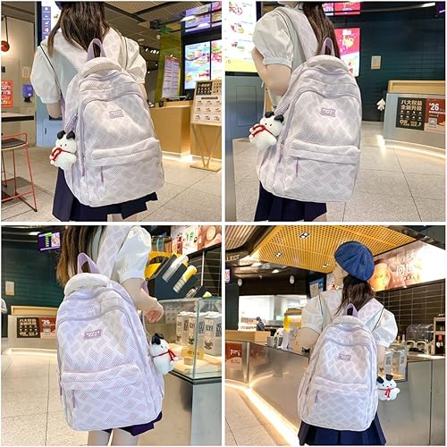 Miniatura 5 de Mochila estética Kawaii para computadora portátil, gran capacidad, con textura, casual, lindo colgante de felpa, bolsa simple para portátil, Amarillo