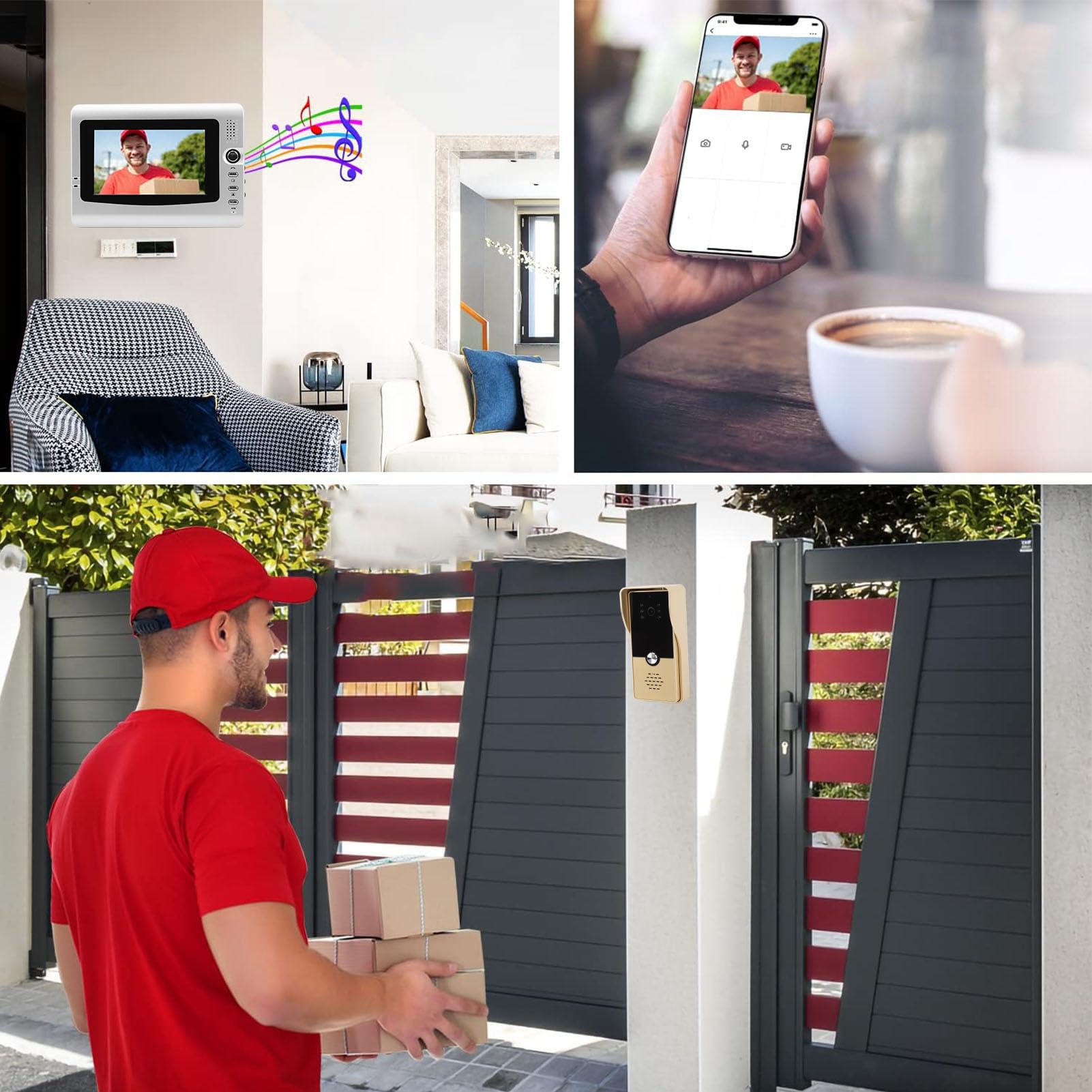 Sistemas Videocitofono Cablato, Monitor Videocitofono da 7 Pollici con Visione Notturna IR, Kit Videocitofono Supporto Monitoraggio, Sblocco, Citofono Bidirezionale per (GOLD)