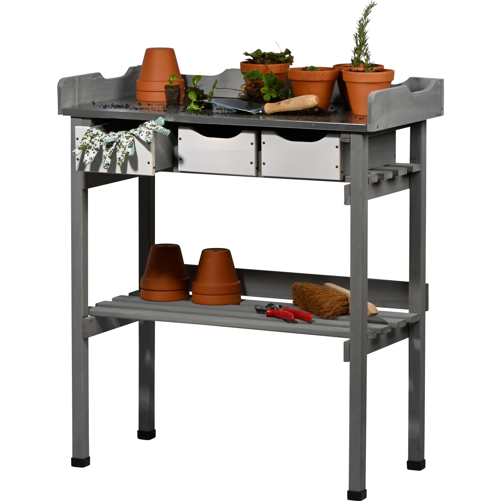 dobar® Tavolo per piante con 3 cassetti e ripiano, in legno massello con tappi di protezione, tavolo da giardino per esterni, con piano di lavoro zincato, 78 x 38 x 88 cm, colore: grigio/bianco
