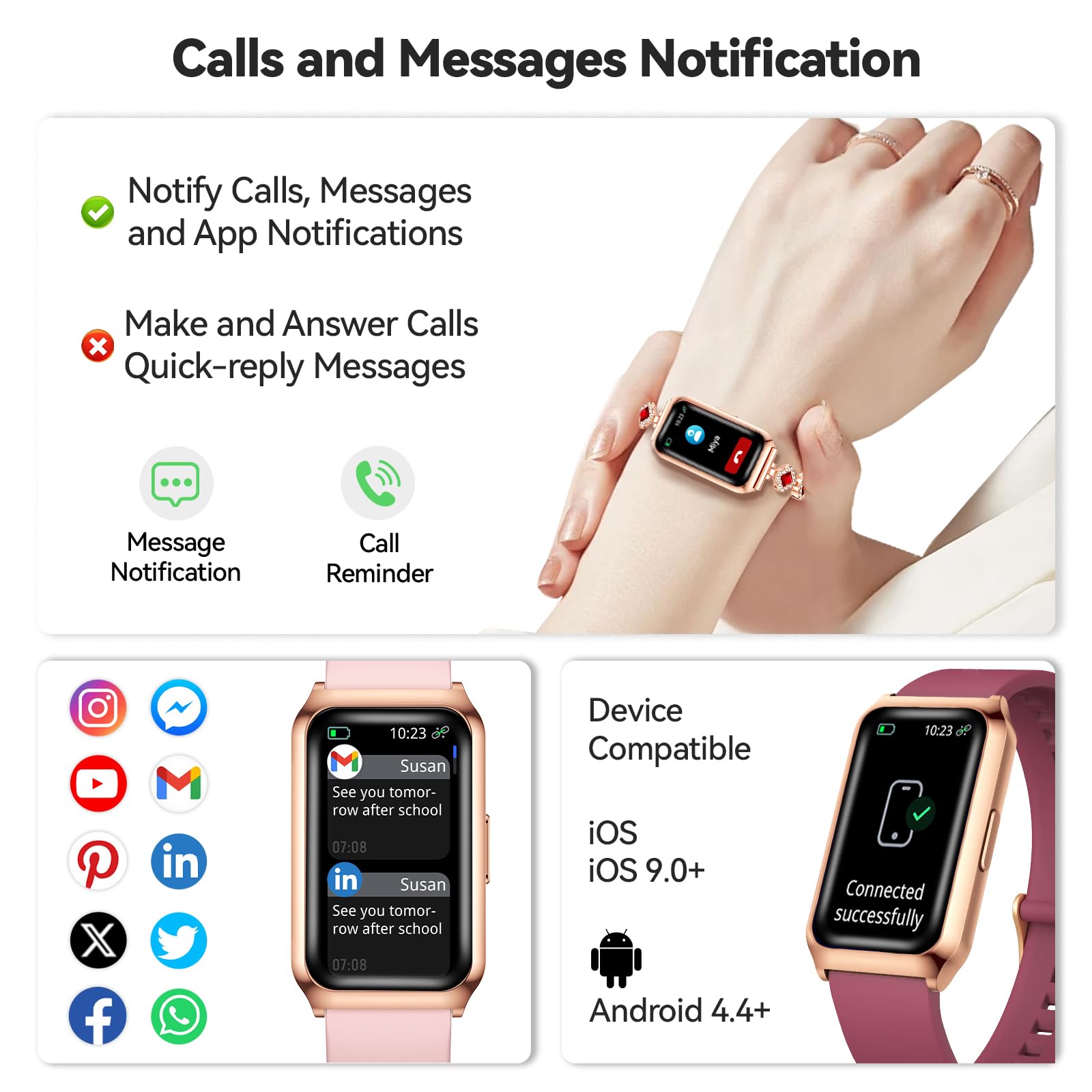 Resoponda Reloj Inteligente Mujer con Whatsapp Notificación, Fitness Tracker Monitor de sueño frecuencia cardíaca SpO2, Smartwatch Mujer con Batería de Larga duración para Android/iOS
