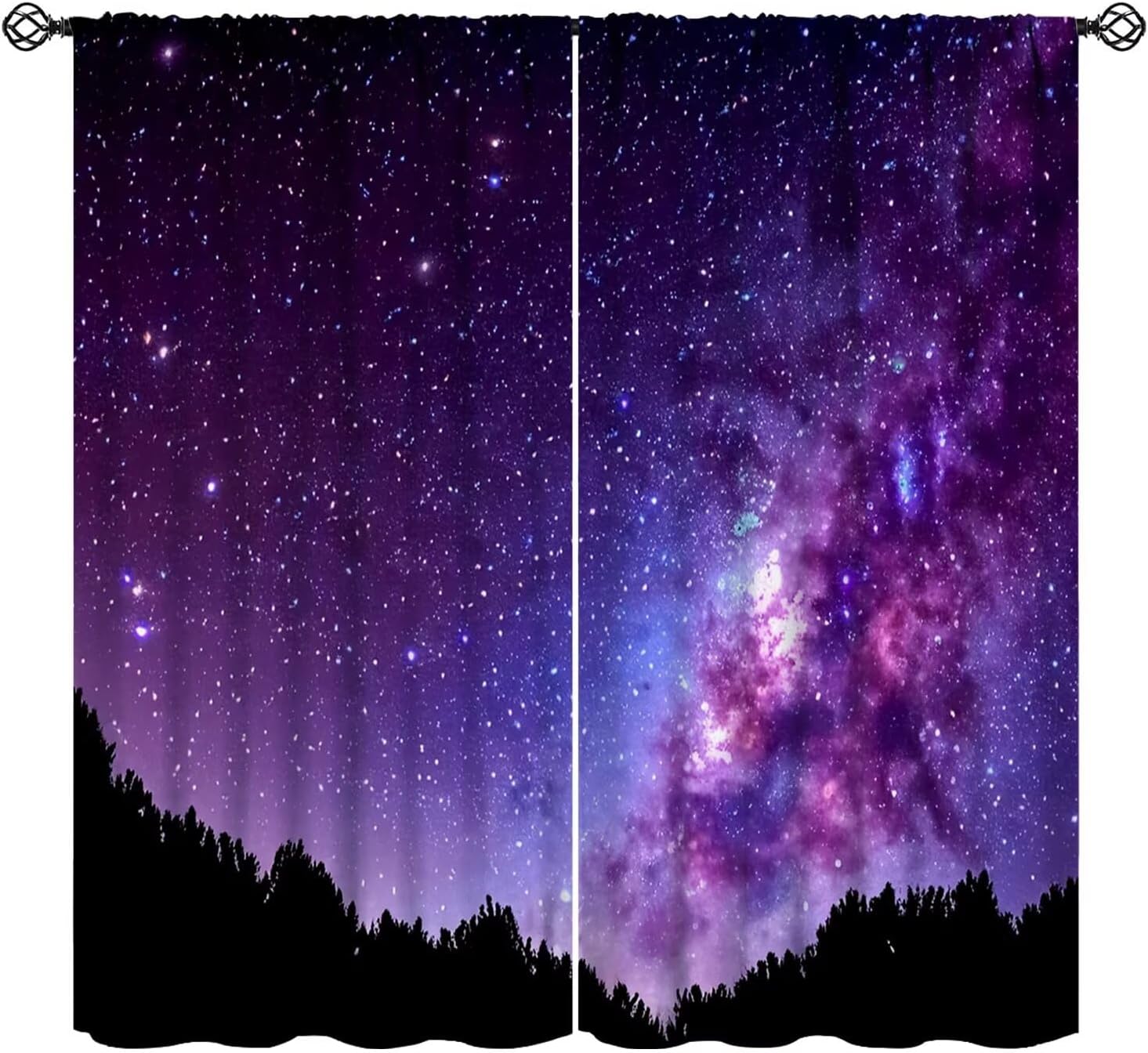 Galaxy Blackout Curtains Black Forest Silhouettes Purple Nebula Starry Sky for Kids Girls Boys Bedroom Living Room Rod Pocket Decoration Window Drapes 2 Panels W21xL54in