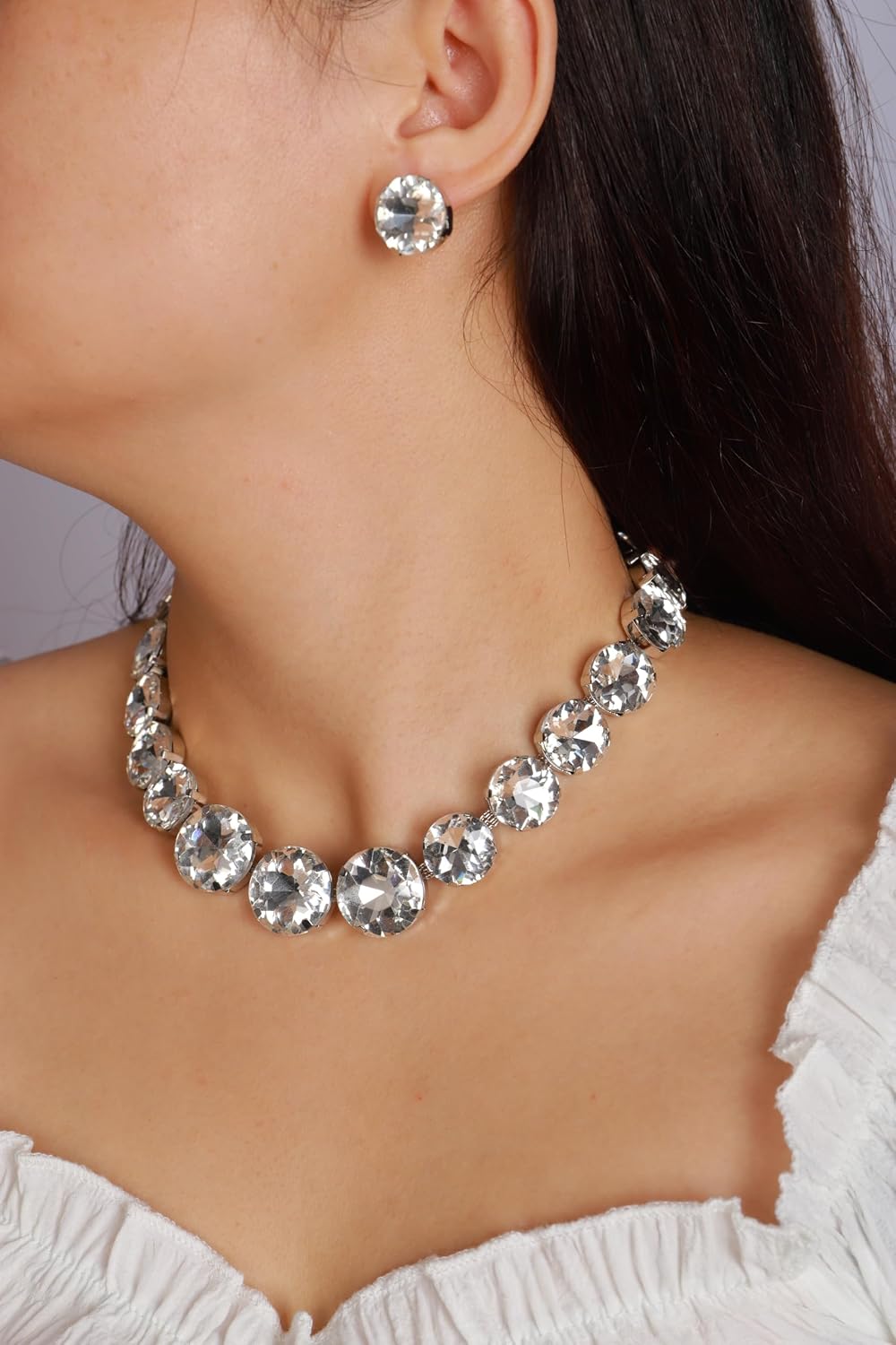 Sparkle Full Rhinestone Choker Round Crystal Chain Necklace Earrings Set Crystal Statement Collar Clavicle Choker Necklace for Wedding Women