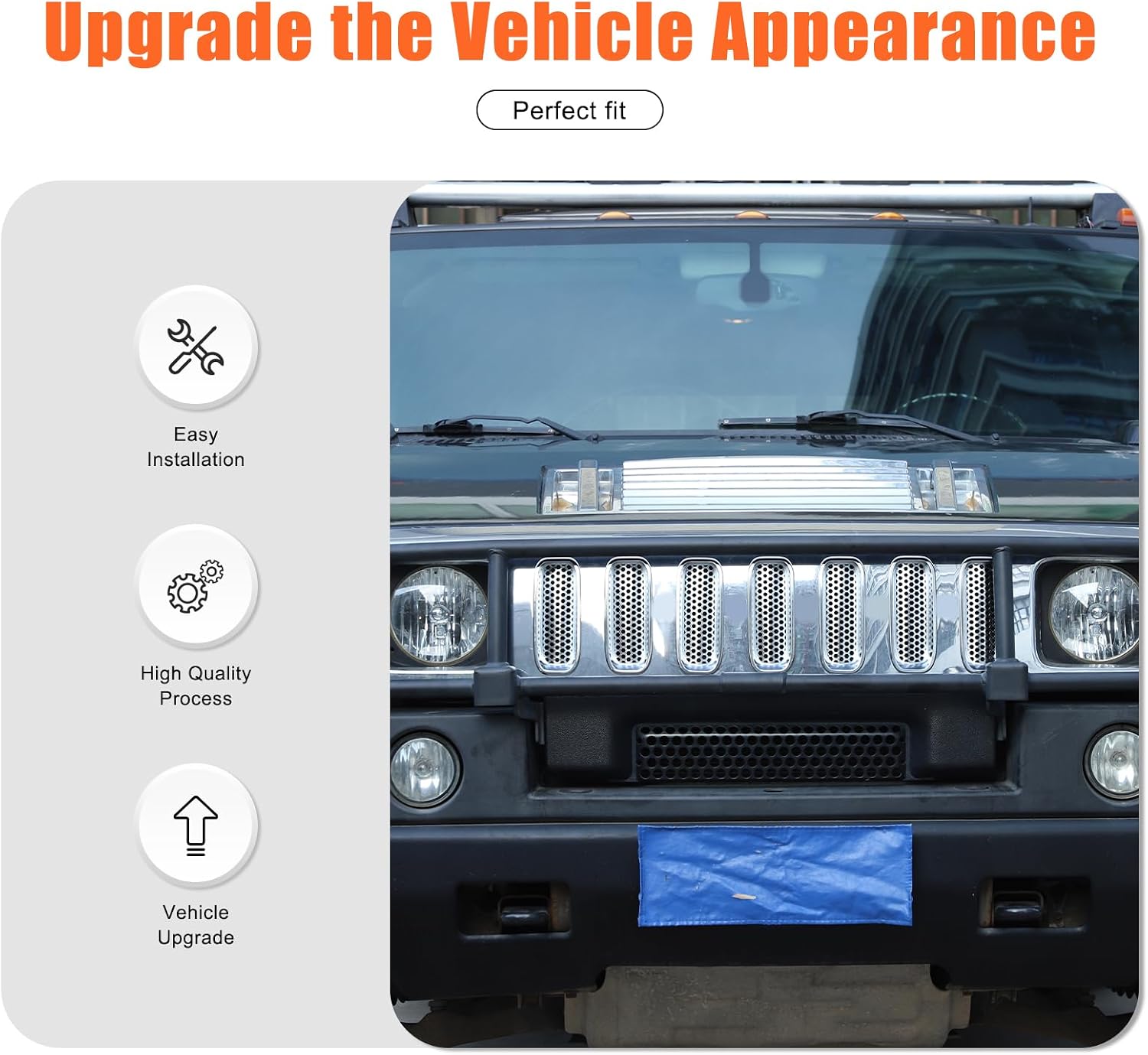 PIUGILH Front Bumper Grill Inserts Mesh Grill Cover Compatible with Hummer H2 2003-2009 Accesories, Front Grille Guard Cover Trim Exterior Accessories, 7Pcs