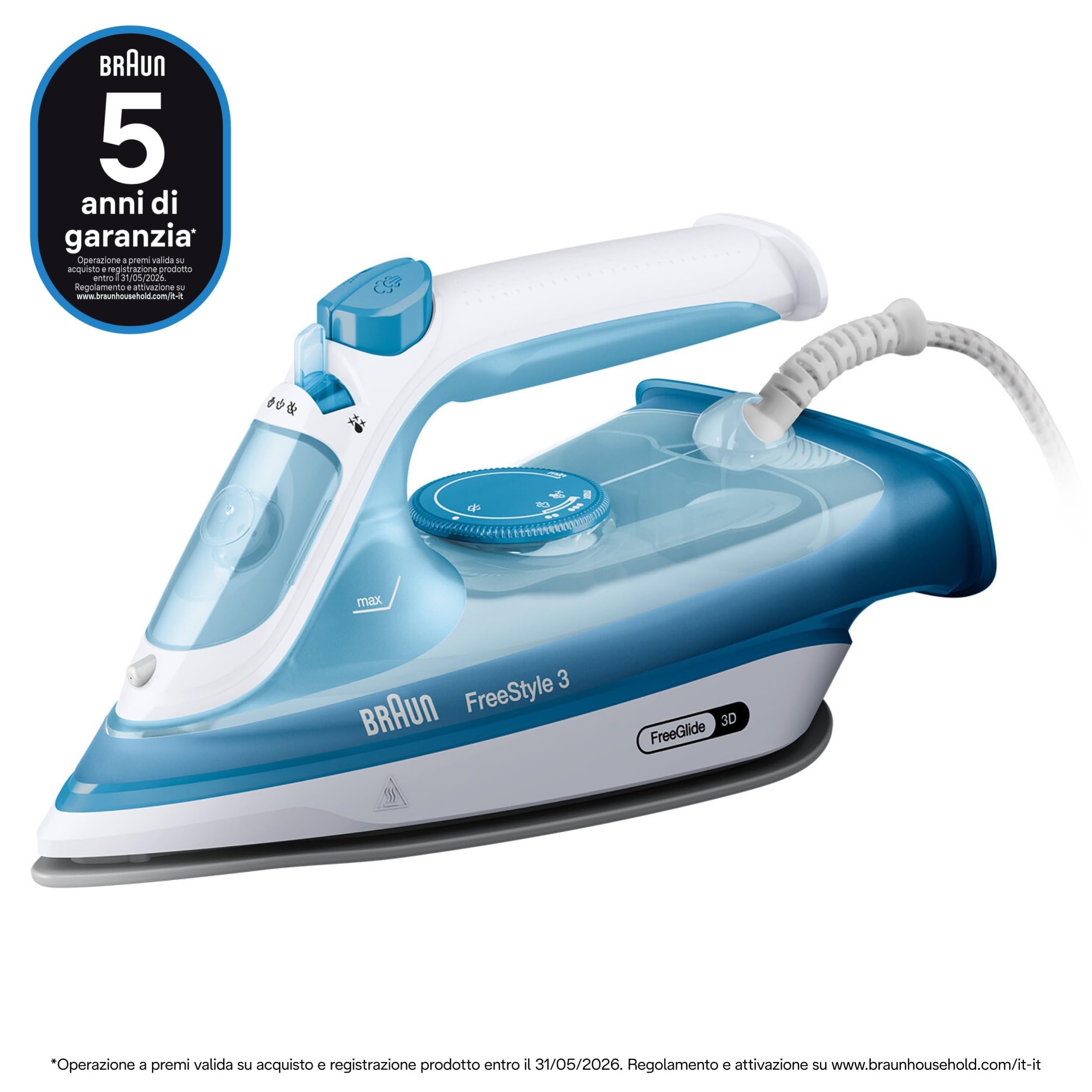 Braun FreeStyle3 FI3144BL Ferro da Stiro con 5 Anni di Assistenza, Risparmio Energetico, Tecnologia FreeGlide 3D, vapore 170g/min, AutoSpegnimento, Serbatoio acqua 270ml, 2400W,manico aperto, Blu