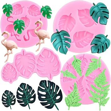 ZiXiang Flamingo Tropical Leaf Silicone Mold Fern Monstera Leaves Fondant Molds For Cupcake Topper Cake Decorating Chocolate Resin Polymer Clay Set Of 4