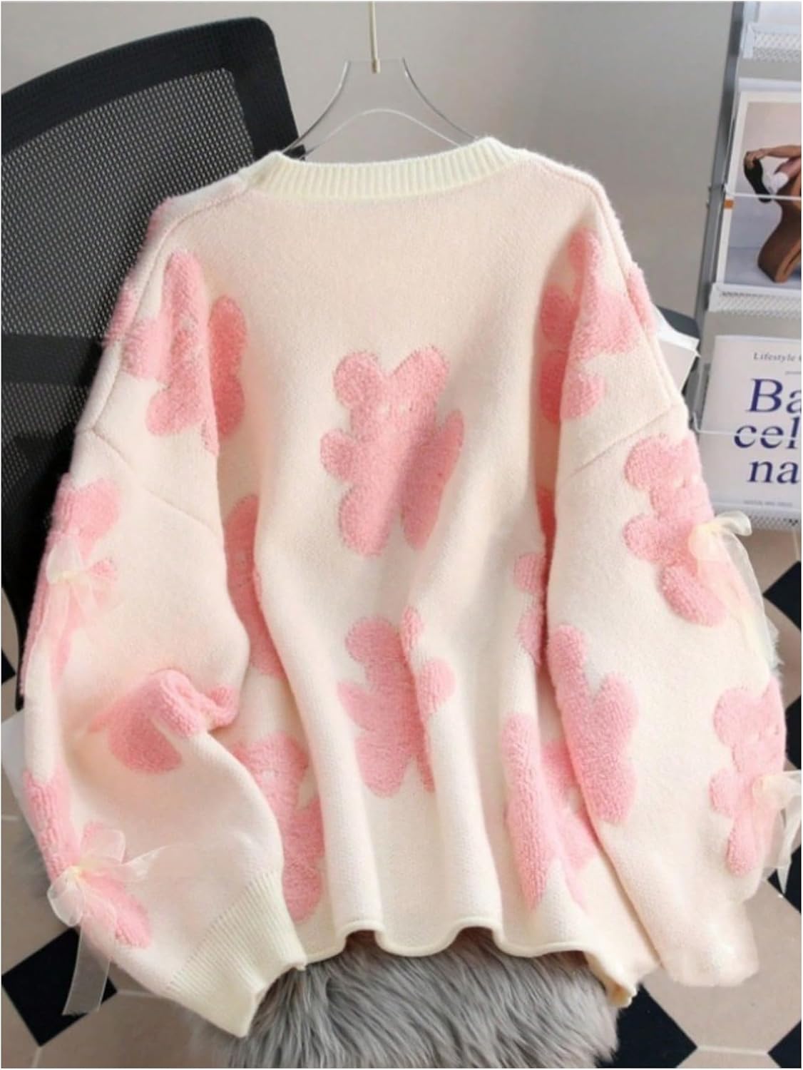 Floerns Women's Bear Long Sleeve Fall Sweater Crew Neck Bowknot Knit Pullover Tops - Image 3