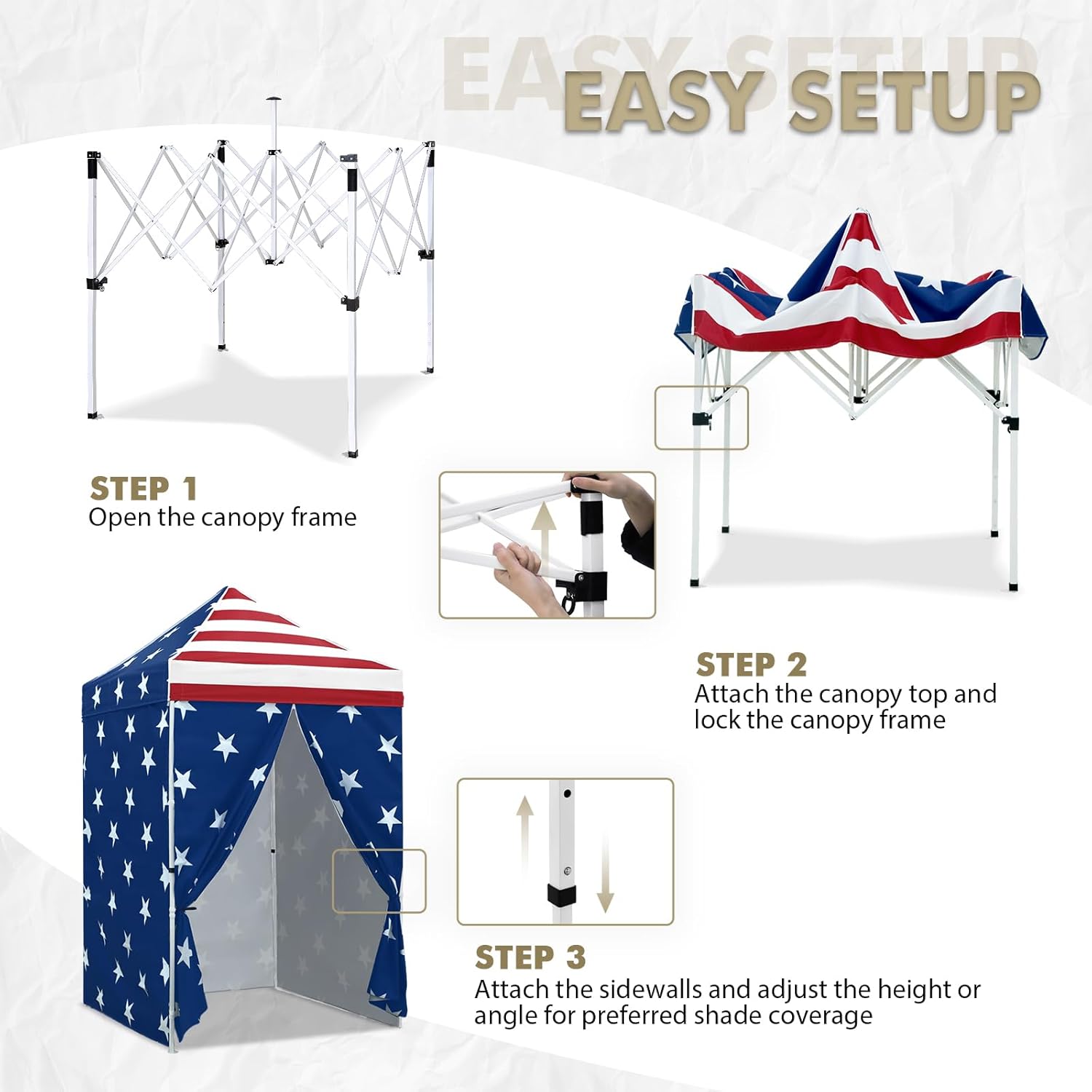 EAGLE PEAK 5x5 Instant Canopy with 4-Side Wall Panels, Small Pop up Portable Canopy Tent with Carry Bag, Light Weight Sun Shelter for Sports, Camping and Beach, American Flag