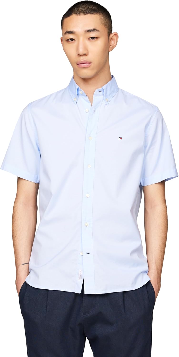 Tommy Hilfiger Mens Short Sleeve Poplin Shirts in Regular Fit, Men's Button Down Shirts