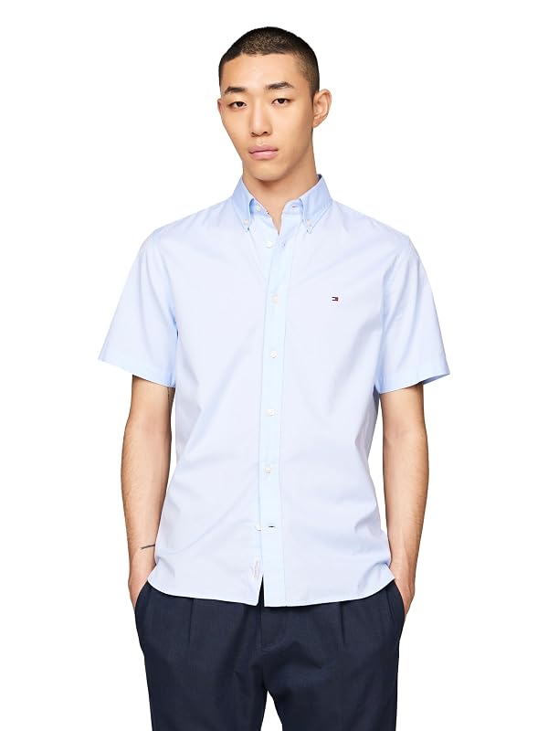 Tommy Hilfiger Men's Short Sleeve Poplin Shirts in Regular Fit, Men's Button Down Shirts Sweet Blue Large by Tommy Hilfiger - Used condition - US$47.79
