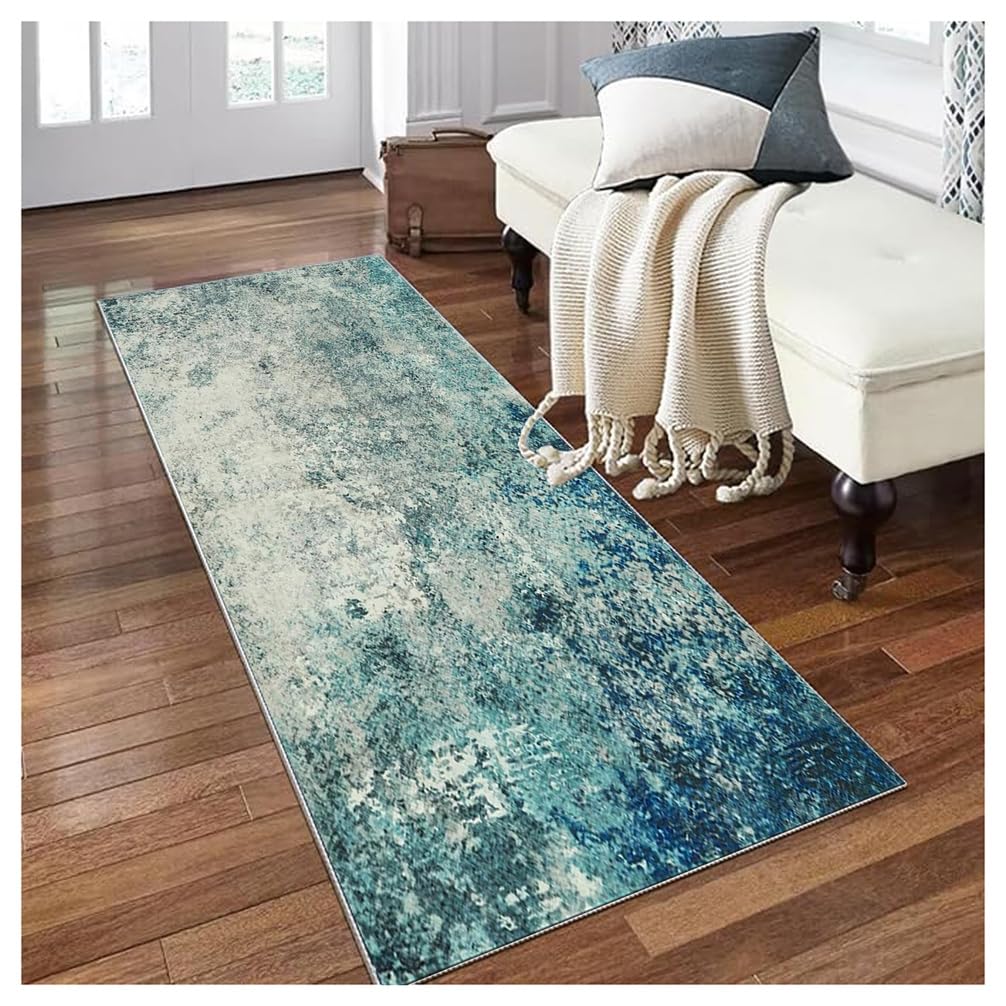 Teppichläufer rutschfest Läufer Flur 60x200cm Bettvorleger Küchenteppich Abstrakt Cyan Grau Waschbar Meterware Schlafzimmer Korridor Teppich Lang, Länge Anpassbare, 60-174cm Breit