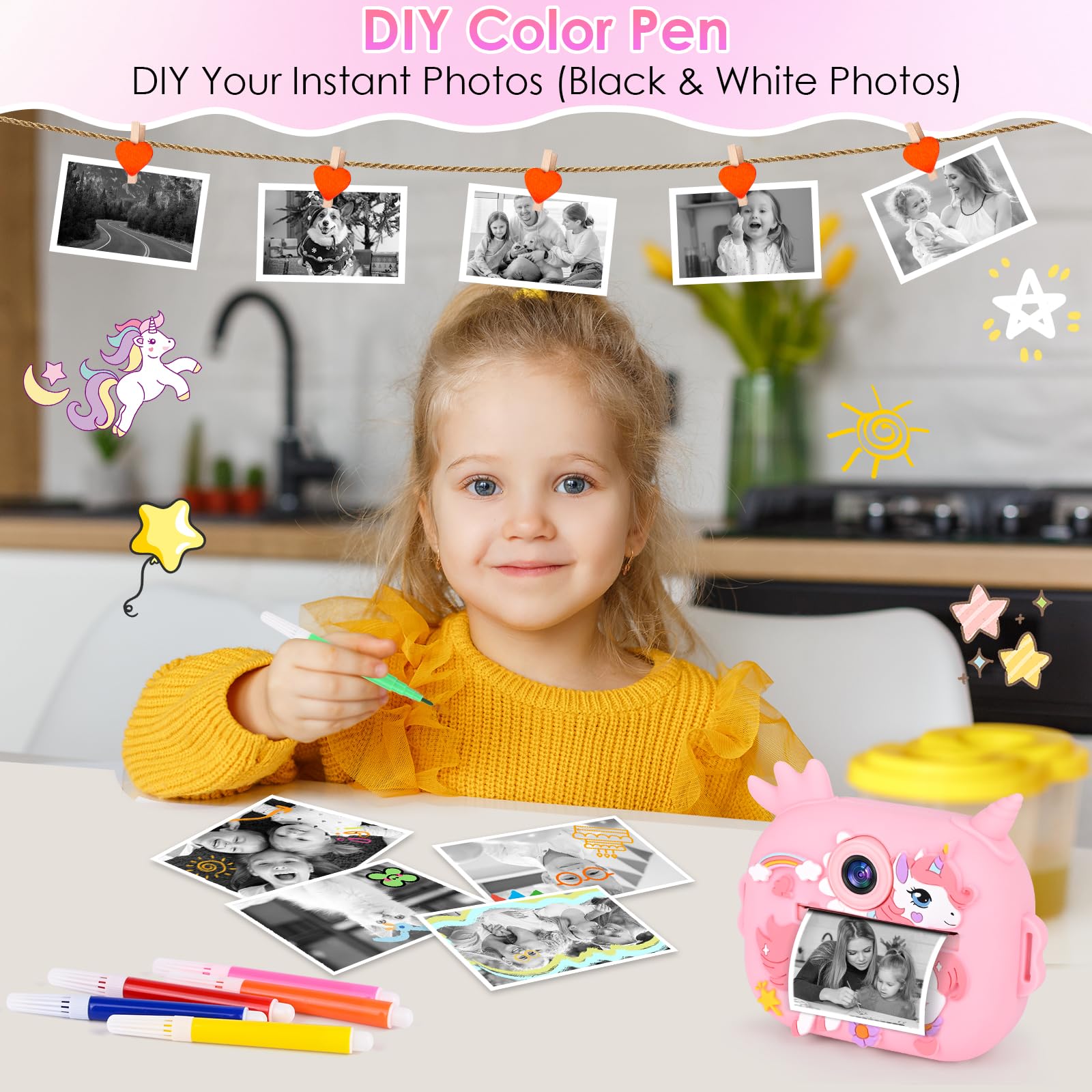 Natychmiastowy aparat dla dzieci, 2,4 cala 1080P Selfie aparat dla dzieci, aparat cyfrowy z 32 GB kartą i papierem fotograficznym, prezenty świąteczne od 3 do 12 lat (różowy)