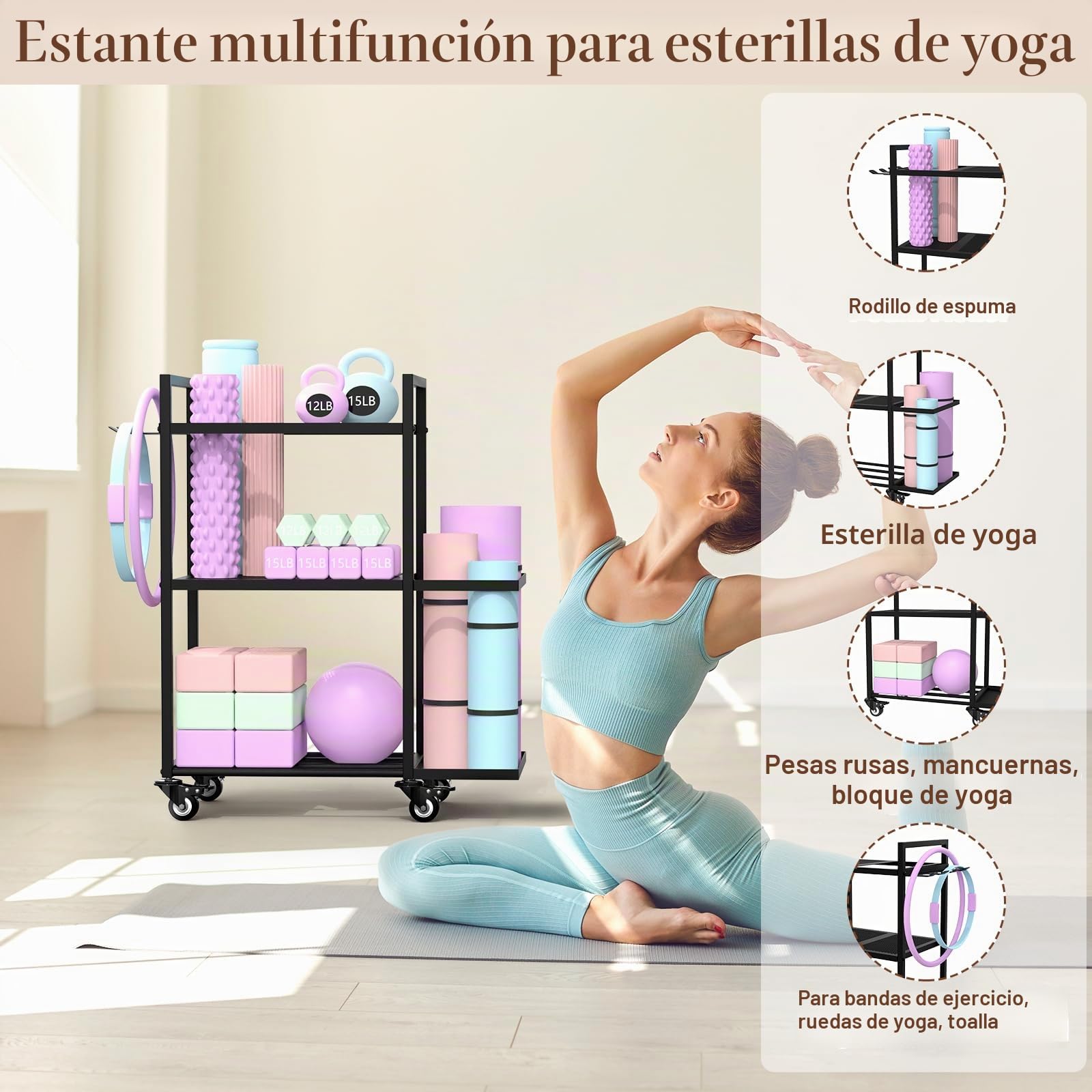Estantería de tres niveles para pesas, estante multifuncional para mancuernas, almacenamiento para gimnasio en casa para mancuernas, kettlebells, bloque de yoga – Organizador de esteras de yoga con