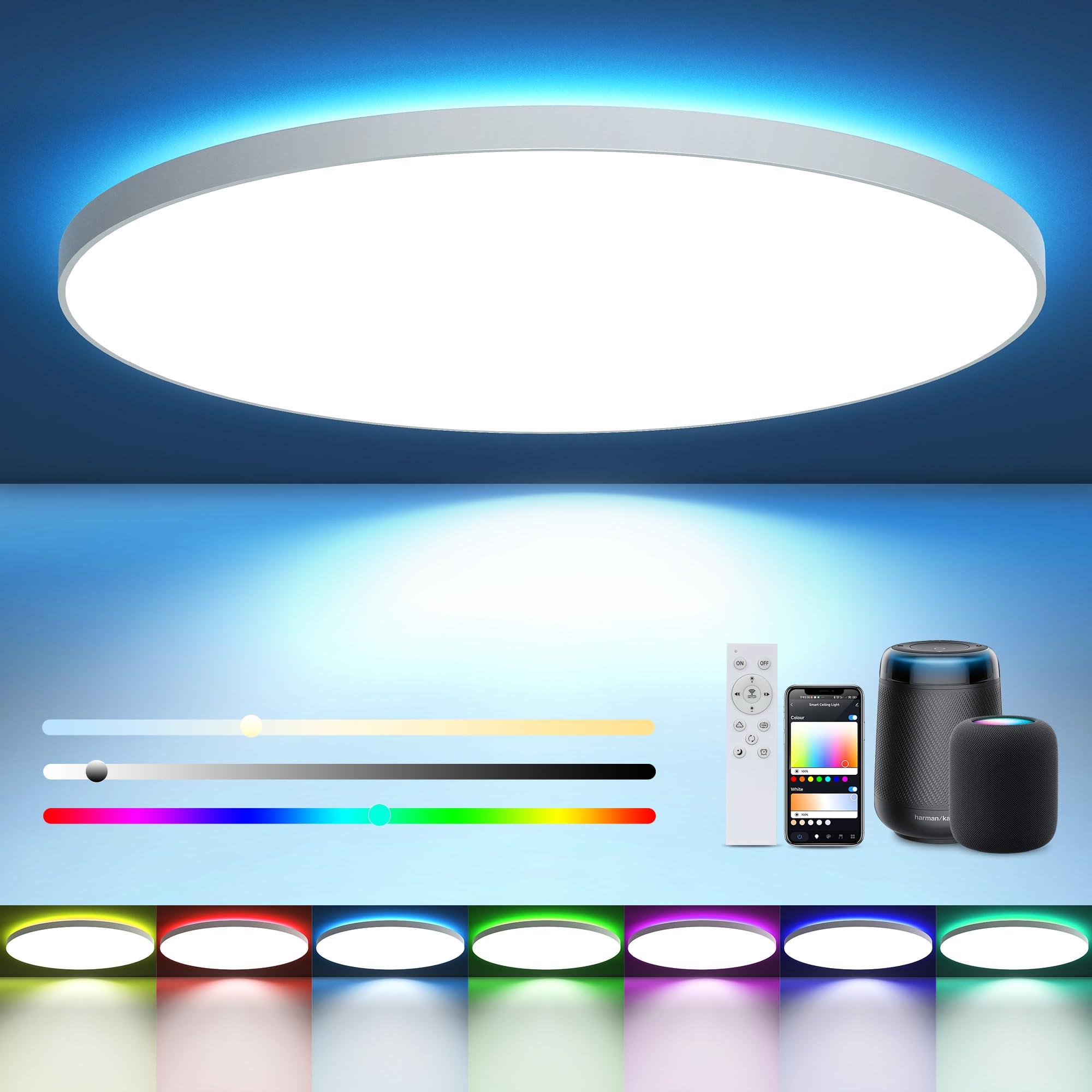 EASY EAGLE - Lámpara de techo LED regulable, con mando a distancia y aplicación, RGB Backlight para cuarto de baño, cocina, salón, dormitorio, compatible con Alexa y Google Assistant 28 W
