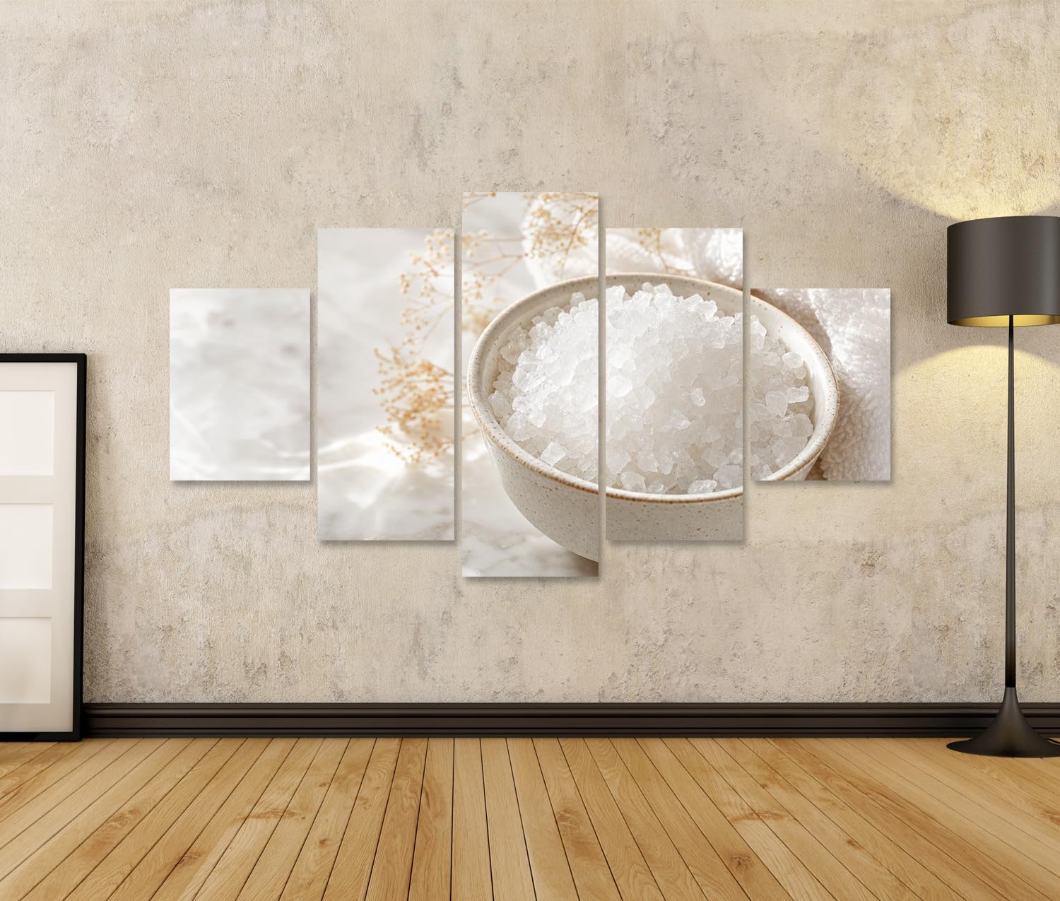 islandburner Bild auf Leinwand Entspannende Badesalze in Keramikschale Wandbild Badezimmer Deko für Wellness-Liebhaber - 5-teilig
