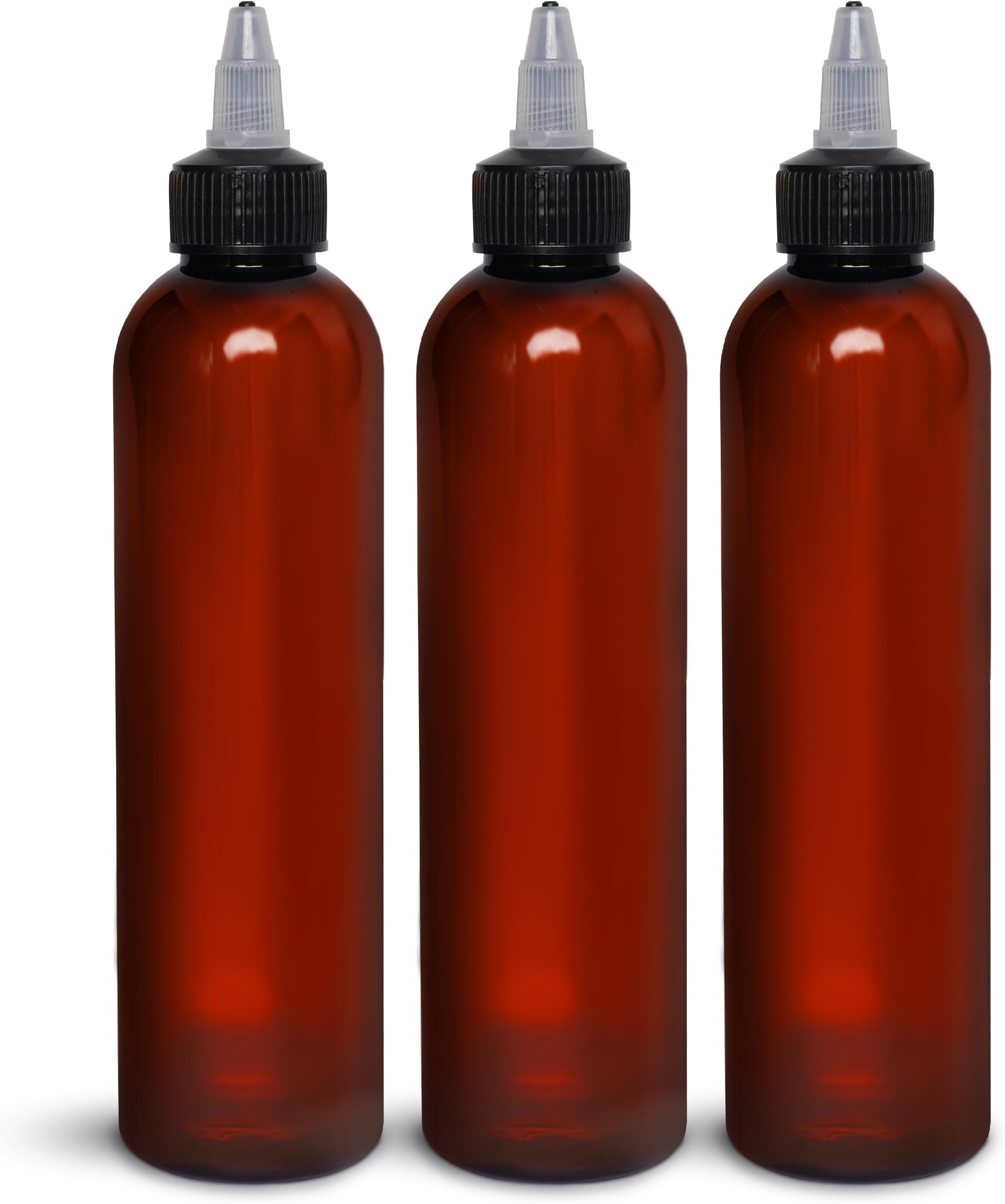 BRIGHTFROM Twist Top Applicator Bottles 8 OZ, Squeeze Empty Plastic Bottles, Black Nozzle, BPA-Free, PET, Refillable, Open/Close Nozzle - Multi Purpose (Amber) Pack of 3