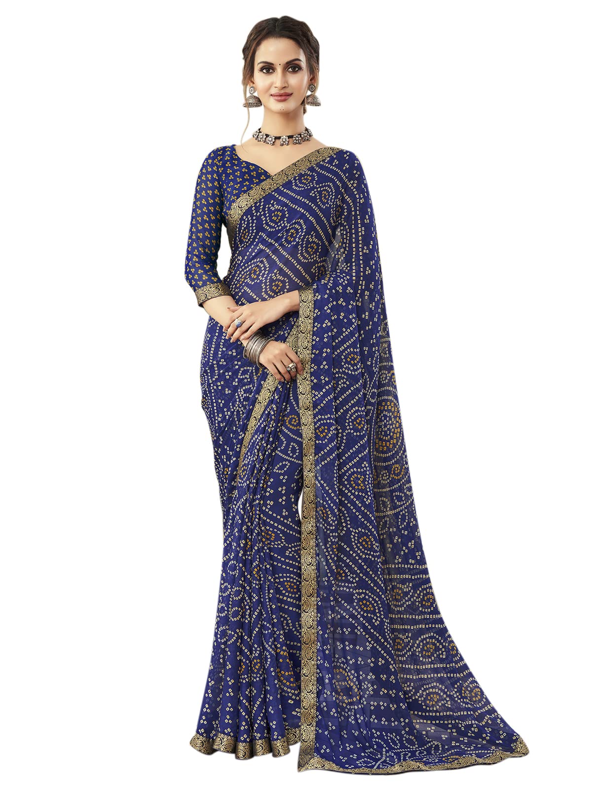 SIRIL Bandhani Women's Printed Chiffon and Lace Sari with Blouse