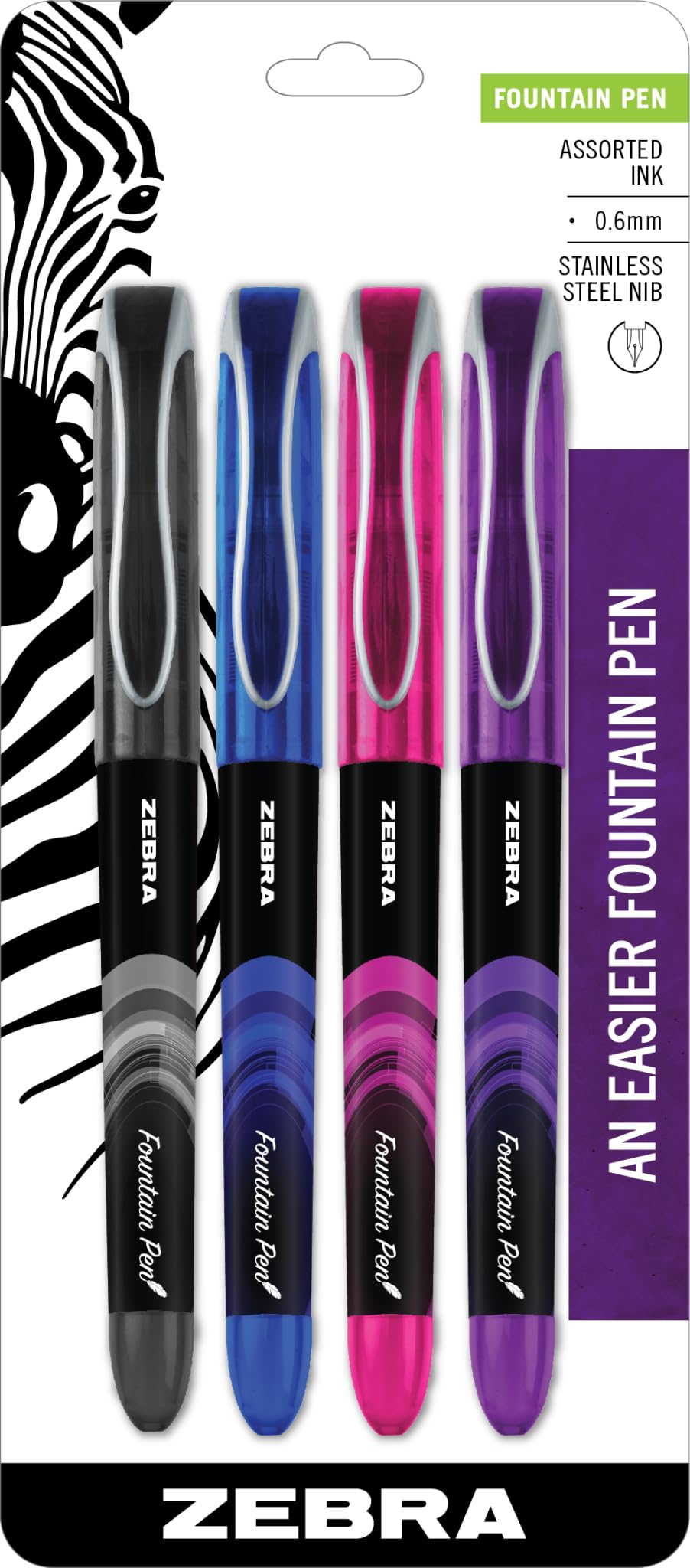 Fountain Pen Set, 4-Pack Assorted Ink Colors (Black, Pink, Purple, Blue), 0.6mm Fine Point, Stainless Steel Nibs, Disposable, Smooth Writing Experience (48304)