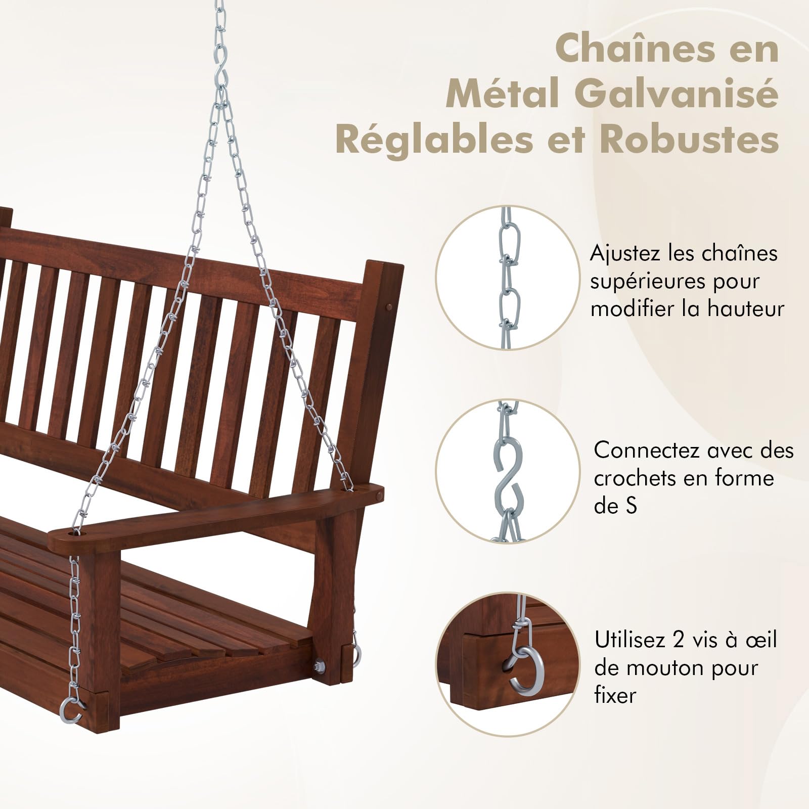 COSTWAY Balançoire Suspendue 3 Personnes Banc Extérieur Bois Massif Chaîne Réglable Charge 360KG Marron
