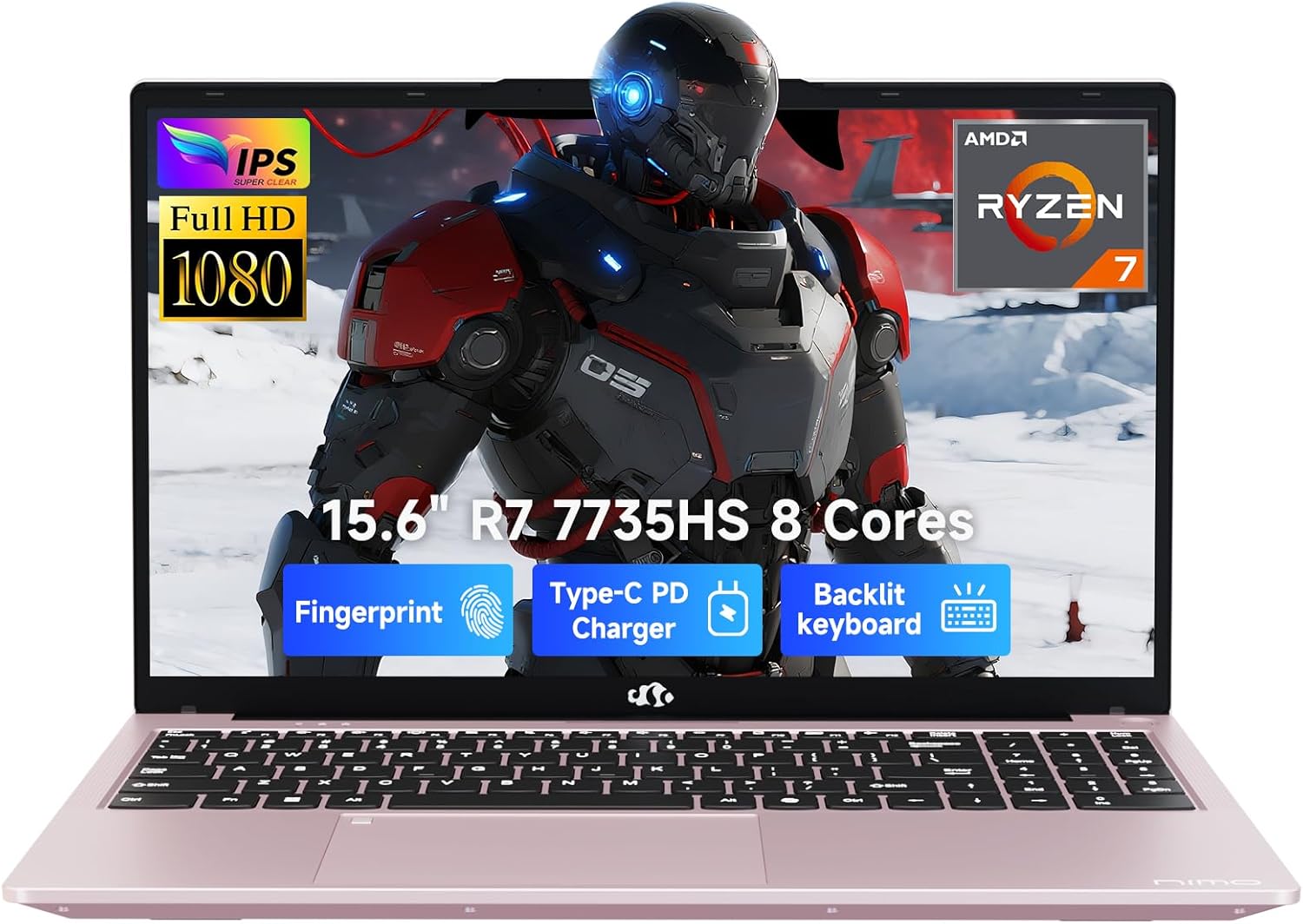 NIMO Gaming Laptop, 15.6″ FHD Display, AMD Ryzen 7 7735HS (8C/16T, Up to 4.75GHz) Computer, 32GB DDR5 1TB NVMe SSD, Radeon 680M Graphics, Backlit Keyboard, Fingerprint Unlock, PD 100W Type-C