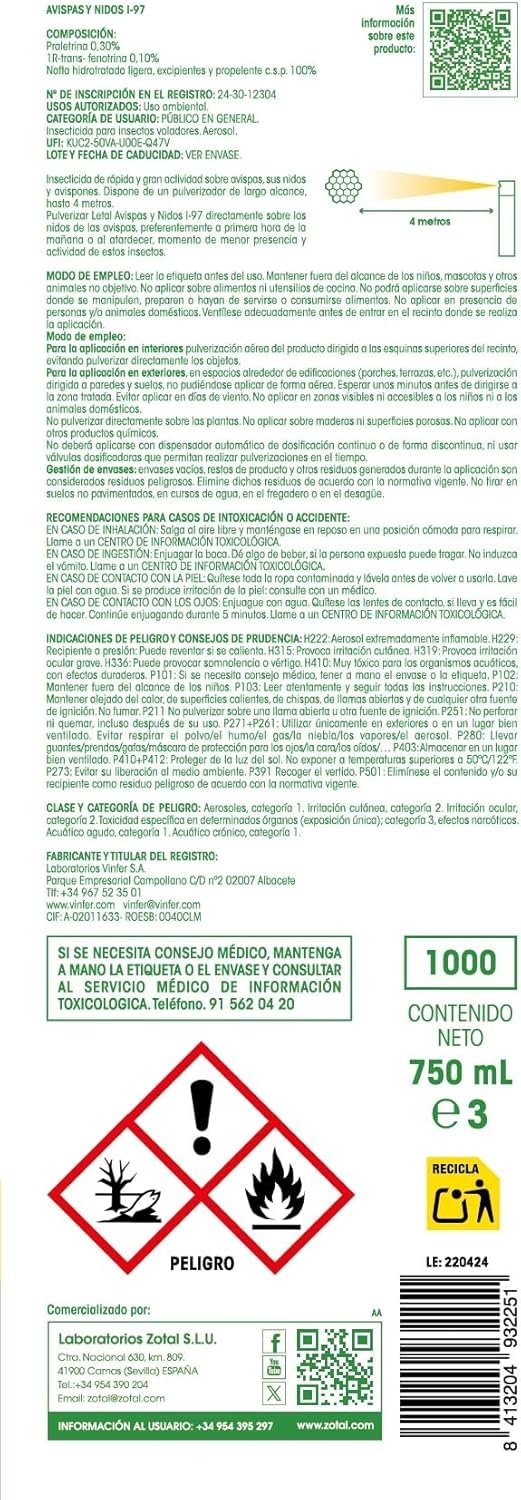 Zotal LETAL® Avispas y Nidos I-97 Aerosol Insecticida - Pack 2 Unidades de 1000 ml (2000 ml en total) | Elimina Avispas, Avispones y Nidos al Instante | Uso Interior y Exterior |
