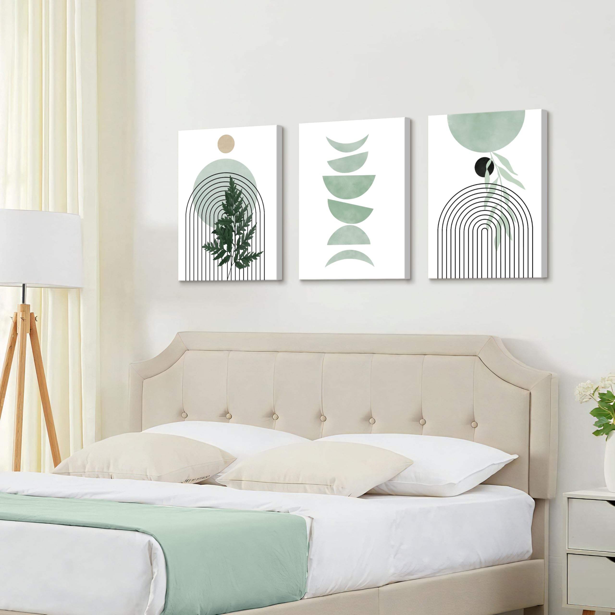 3 Pcs Wooden Framed Canvas Wall Art Set Bohemian Sage Green Canvas Prints Poster Geometric Line Beige Green Pictures for Living Room Bedroom Dinning Room Hallway Stairs Wall Decor 30x40cm x3pcs — view 181