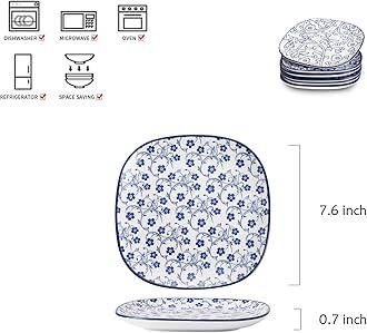 Selamica Porcelain Square Dessert Salad Pasta Plates 7.6 inches ceramic plates set of 6 microwave/dishwasher/oven safe, Vintage Blue