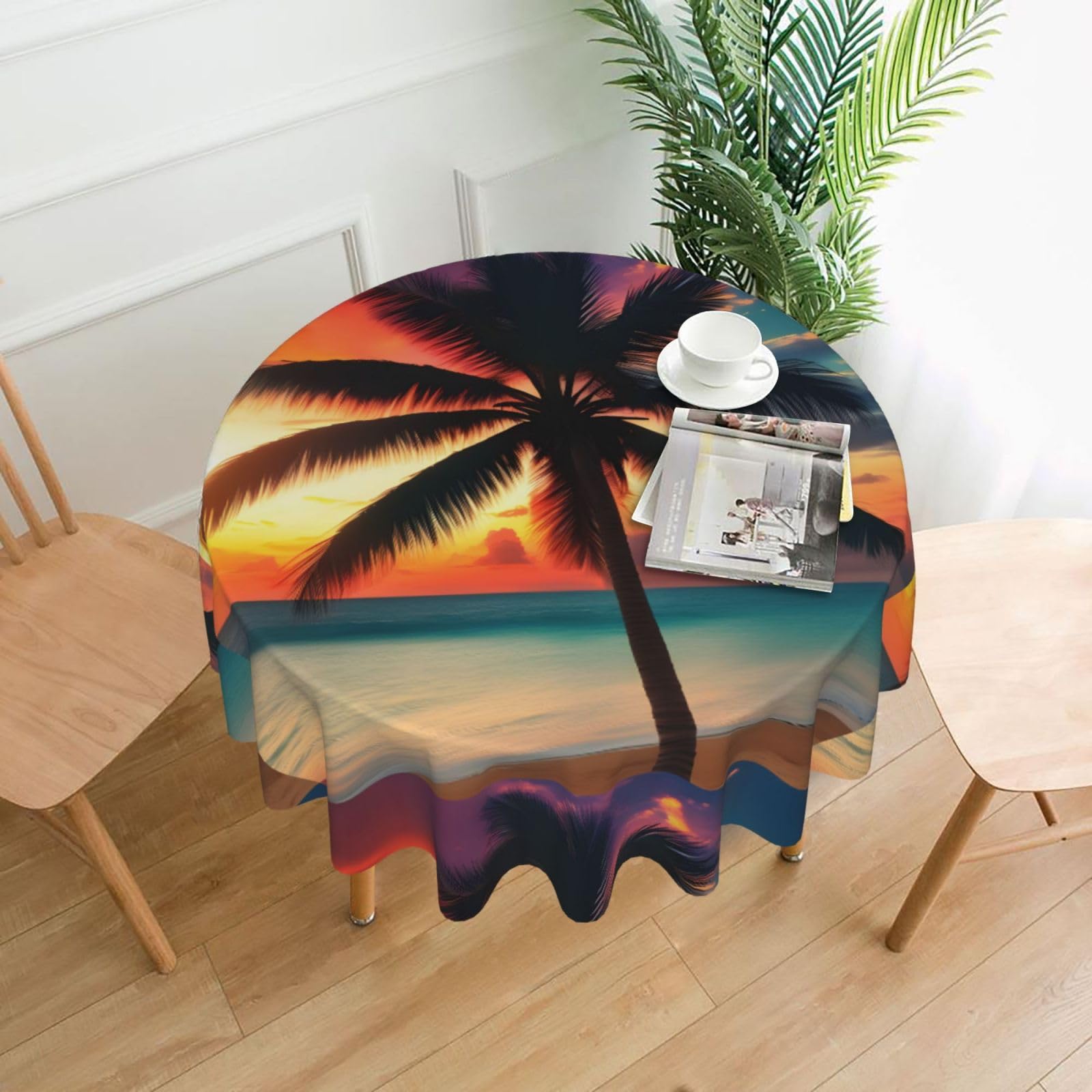 Nbtghga Tropical Beach Palm Tree Sunset Print Tablecloth Round Border Table Cloth Cover Decorative For Party Holiday Dinning Tabletop Home