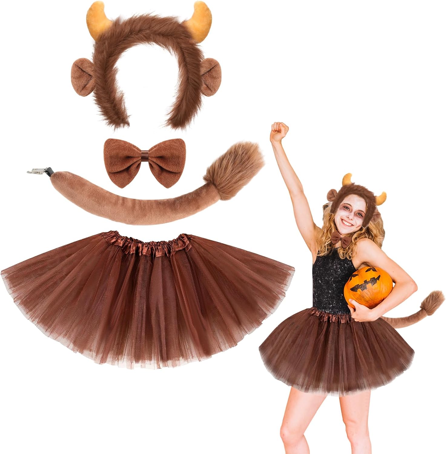 5 Pcs Halloween Animal Lion Costume Set, Ears Headband Tail Bow Tie Tutu and Animal Face Sticker for Women Girls Cosplay Adult Highland Cattle