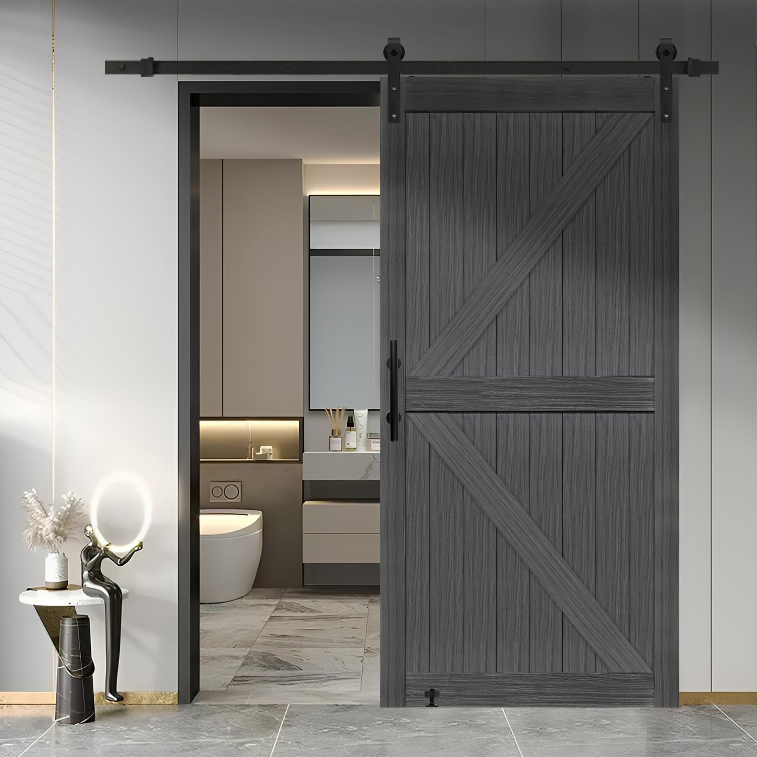 S&Z tophand 40 inx84 in Deep Gray British Brace Knotty Barn Door with 6.6FT Sliding Door Hardware Kit/Double -Sided Door Handle/Solid Wood/Sliding Door/Double Surfaces/Simple Assembly is Required
