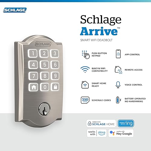 Miniatura 2 de Schlage Cerradura inteligente Arrive WiFi, cerradura de puerta de entrada sin llave con borde Camelot, níquel satinado, compatible con Alexa y