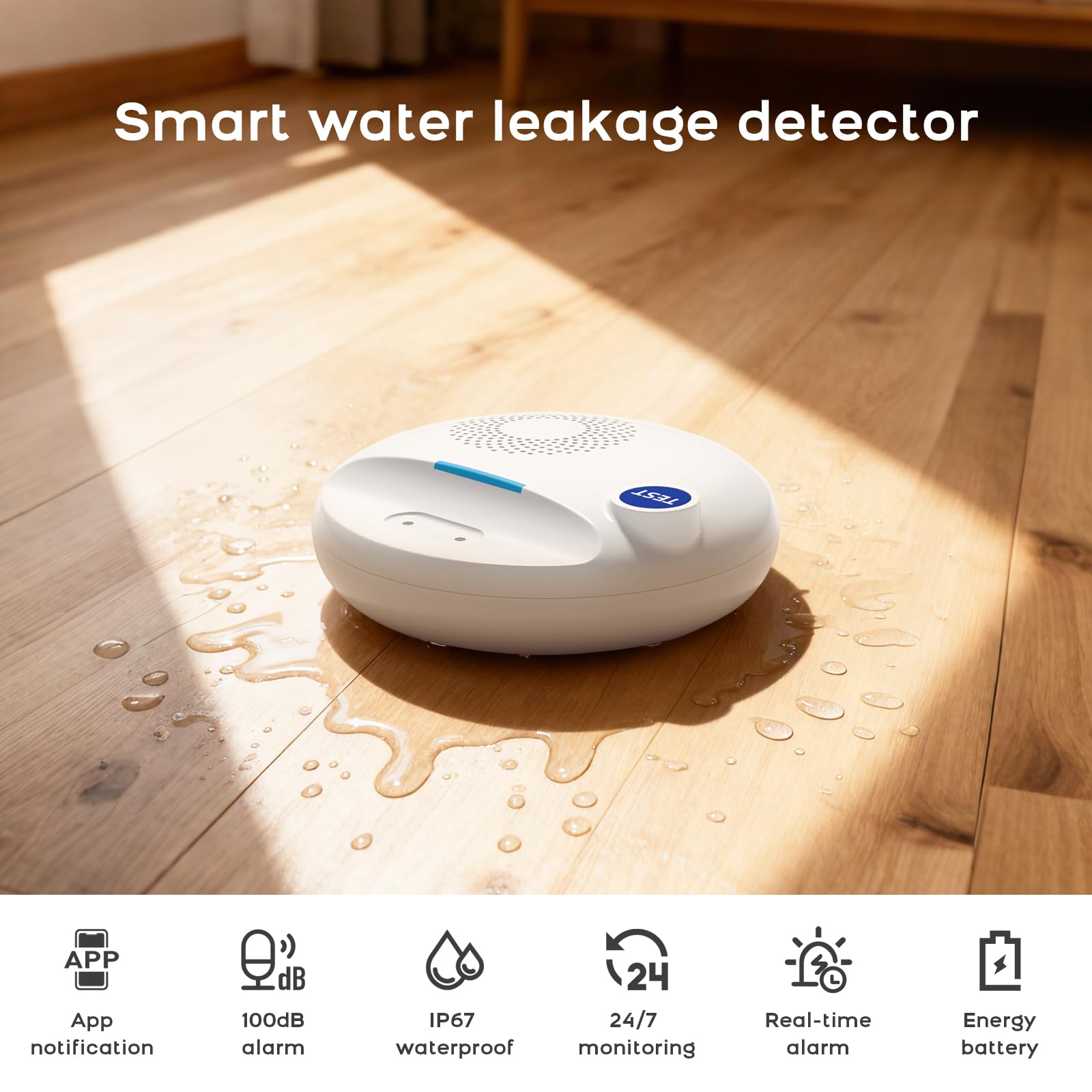 PGST Détecteur de Fuite d'eau Connecté WiFi 2.4GHz, Capteur de Fuite d'eau Hautes Sensibilités IP67 avec Alerte Sonore 100dB, Compatible Tuya Smart Life APP, Mensuel pour Cuisine, Salle de Bain
