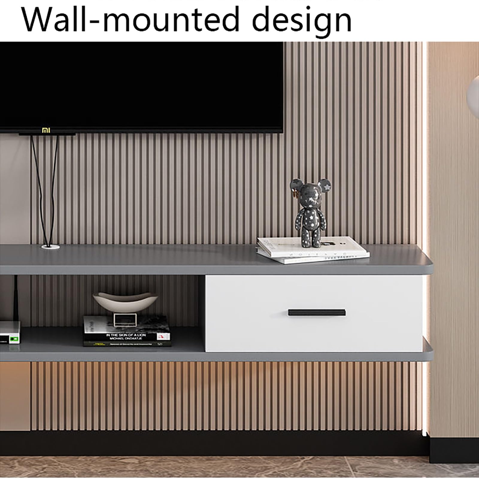 Mobile TV Sospeso, Console Multimediale A Parete, Mobile Porta TV In Legno Con Ante A Ribalta E Cassetti, Mobiletto TV Per Lettore DVD, Decoder, Console Per Videogiochi(Gray white,200x22x20cm)