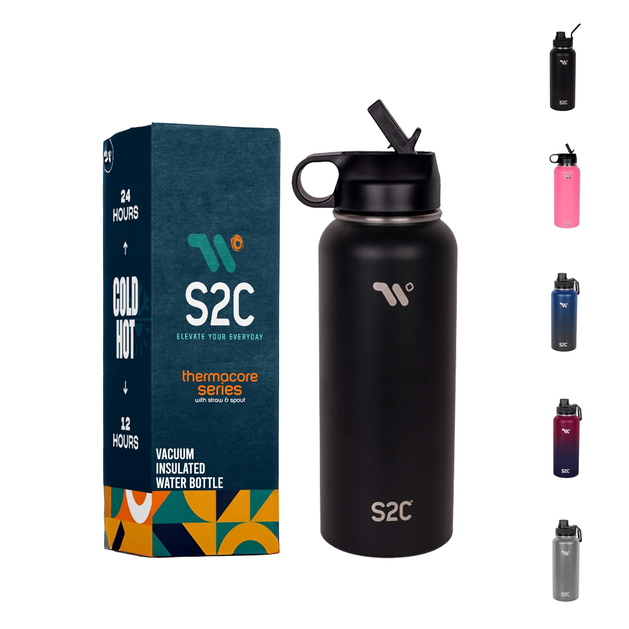 S2C Stainless Steel Water Bottle 1L,32oz Double Wall Vacuum Insulated Water Bottle, BPA Free for Kids School with Straw lid- Thermos Water Flask for Hot Water. (BLACK)