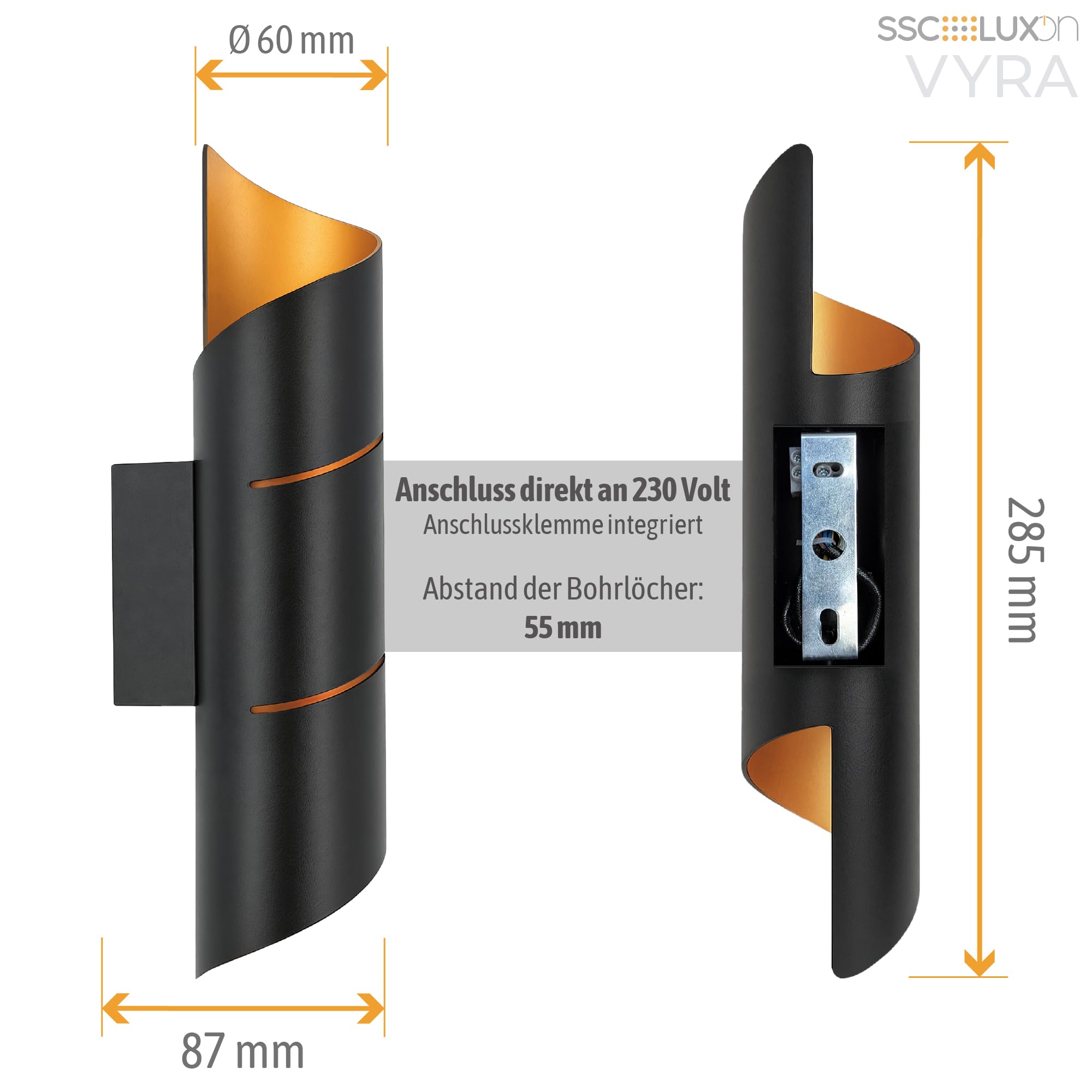 SSC-LUXon 2er Set VYRA Wandleuchte schwarz gold rund – Up and Down Lampen mit G9 Fassung Flurlampe mit diffusem Lichteffekt für Wohnräume