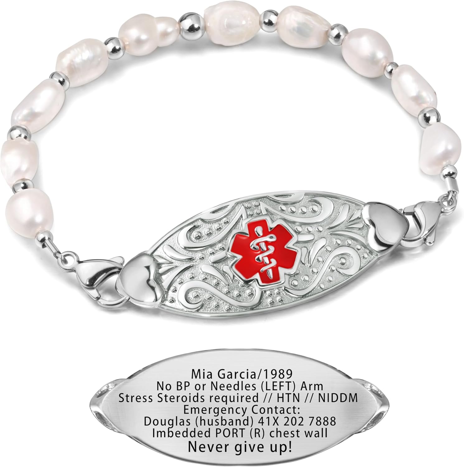 Custom Pearl Beads Medical Alert Bracelets for Women,Free Engraving Personalized Identification ID Bracelet Blood Thinner Diabetes Medic ID Bracelet Life Alert Jewelry