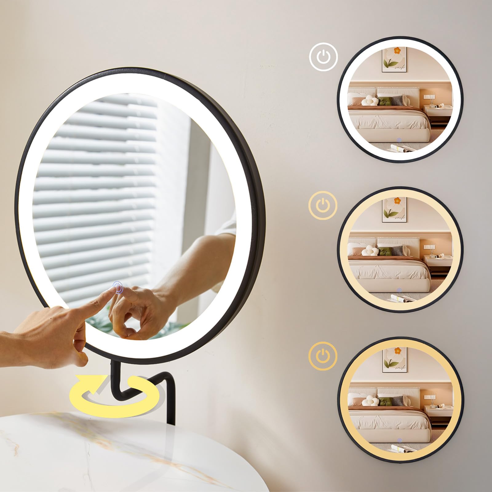 SHARPDO Tavolo da toeletta con illuminazione a LED e specchio, 3 colori, pietra sinterizzata PU, toeletta con cassetti e sgabello, tavolo cosmetico 60 cm, tavolo da trucco per camera da letto, design
